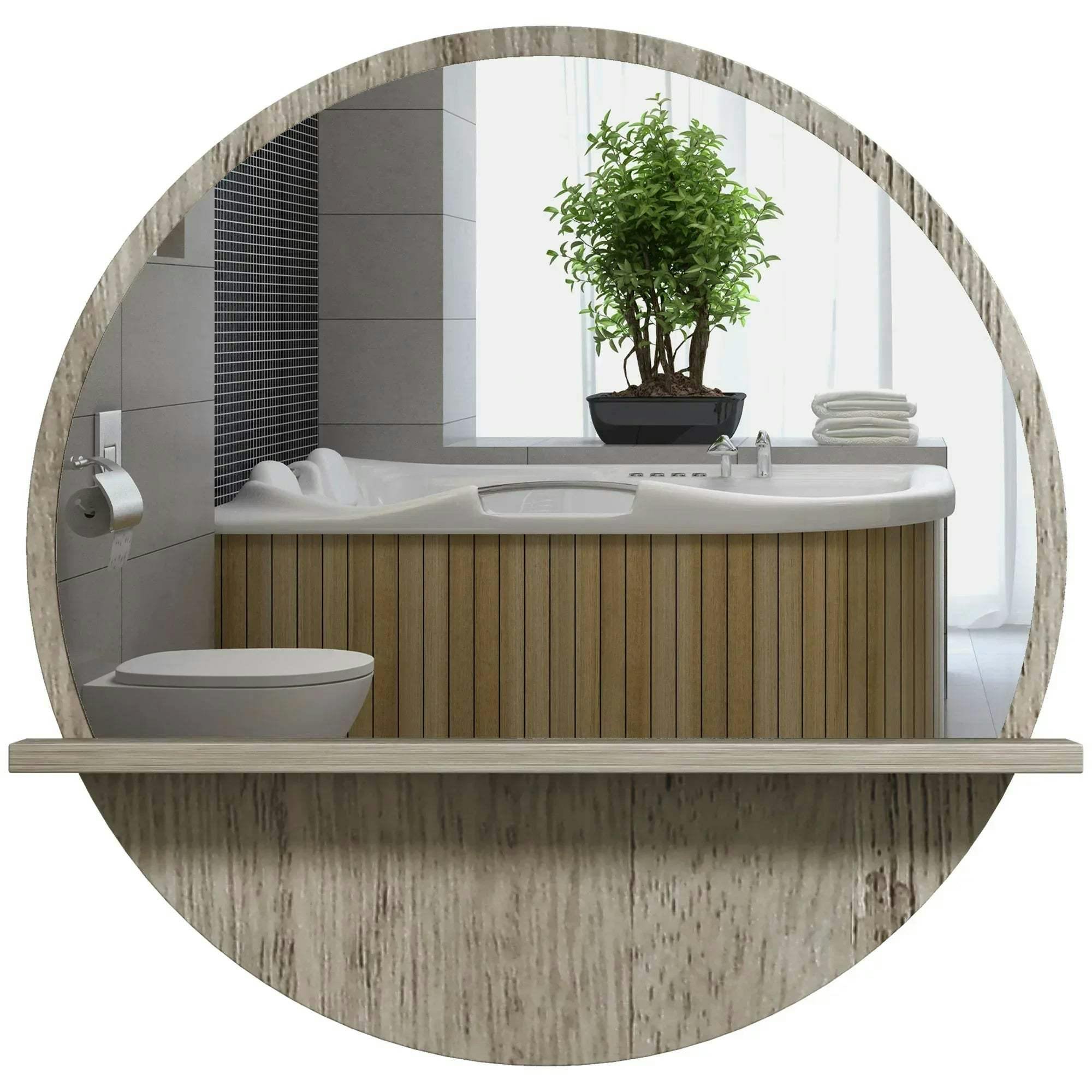 Kleankin Round Wall Mirror - Grey Wood Effect - Makeup Mirror with Shelf - 45cm - Image 5