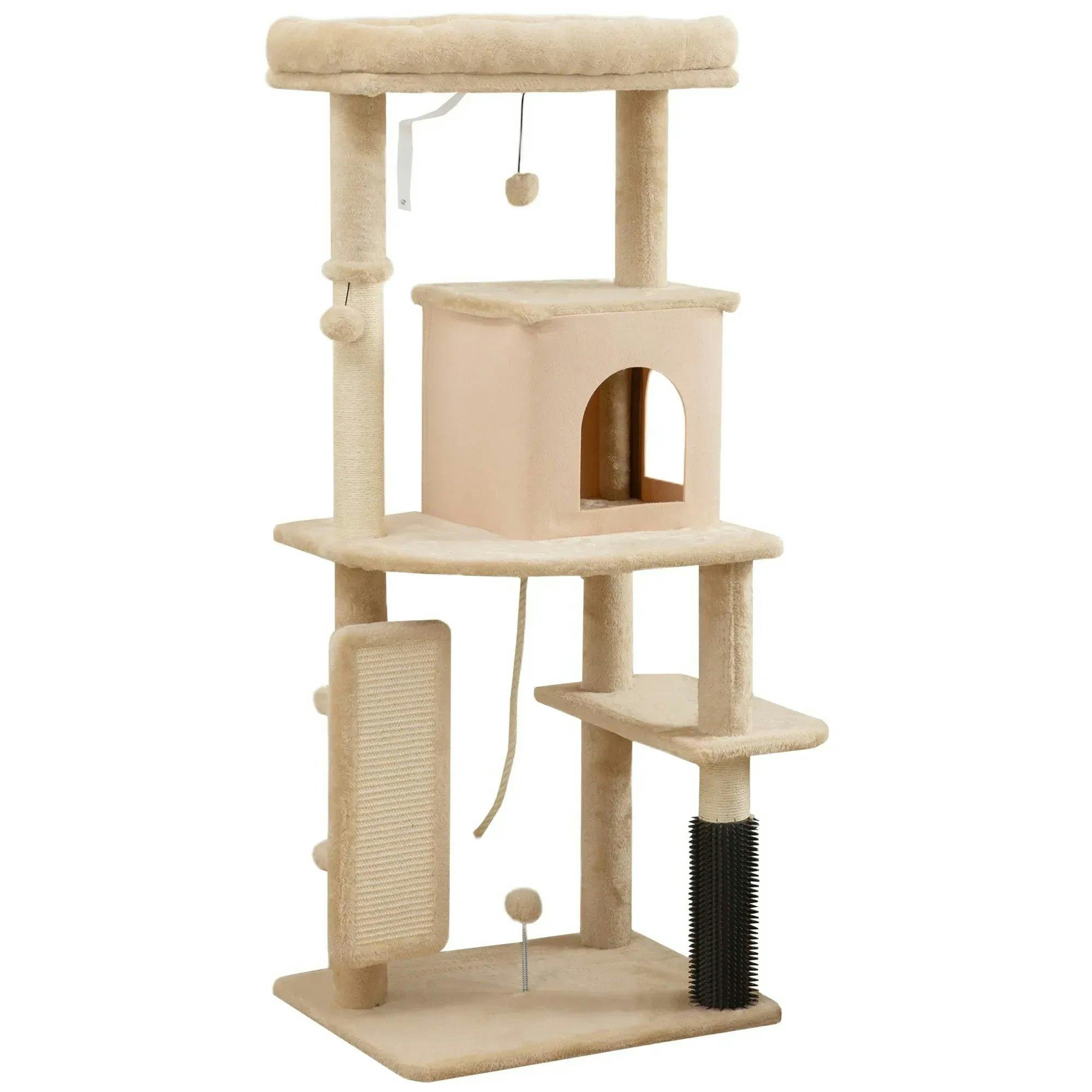 Pawhut Unisex Beige Cat Tree Tower Scratching Post Bed House, 132Cm In - Image 3