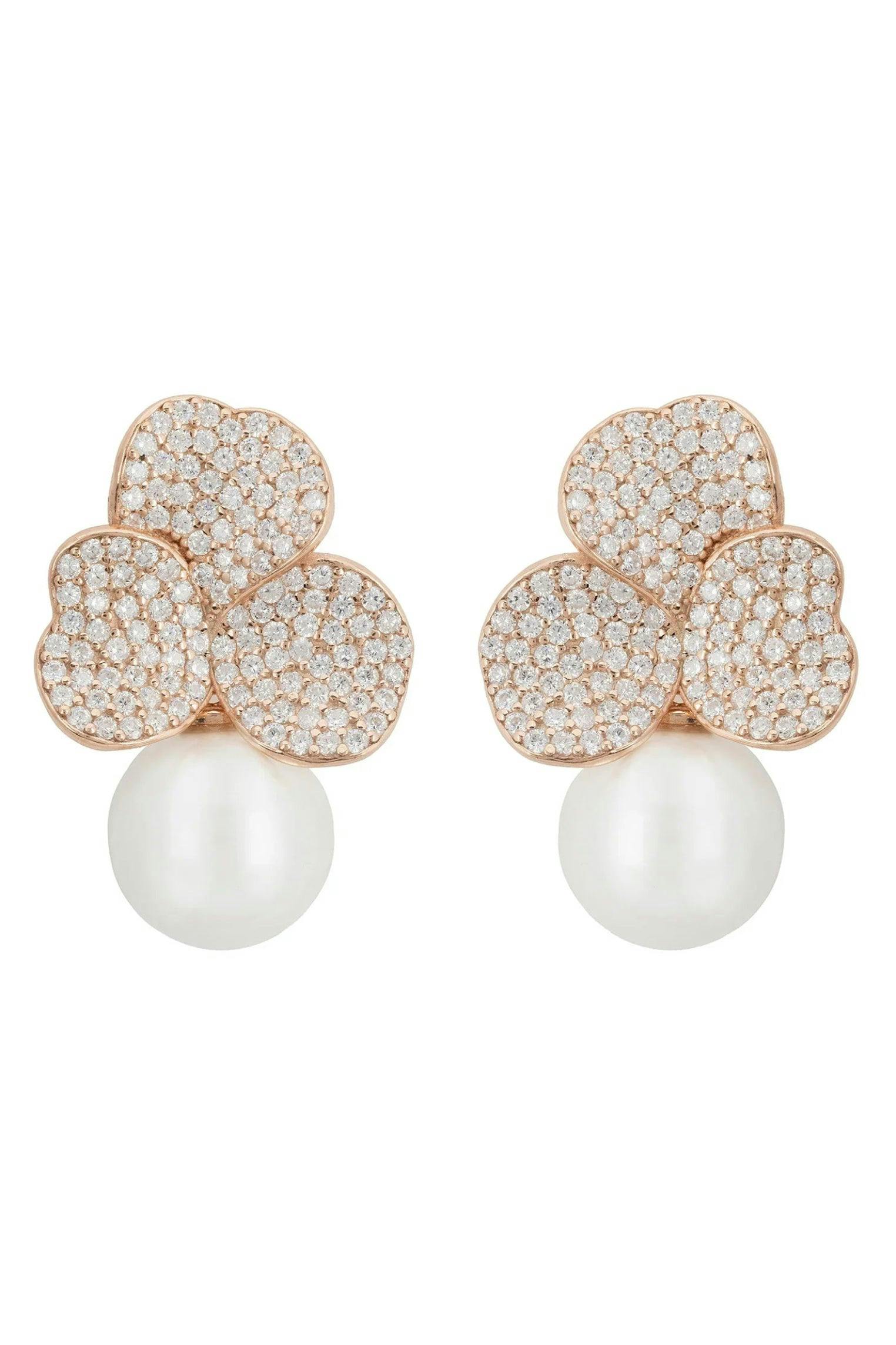 Latelita Silver/White/Light Iris Flower And Pearl Dangle Earrings Rosegold