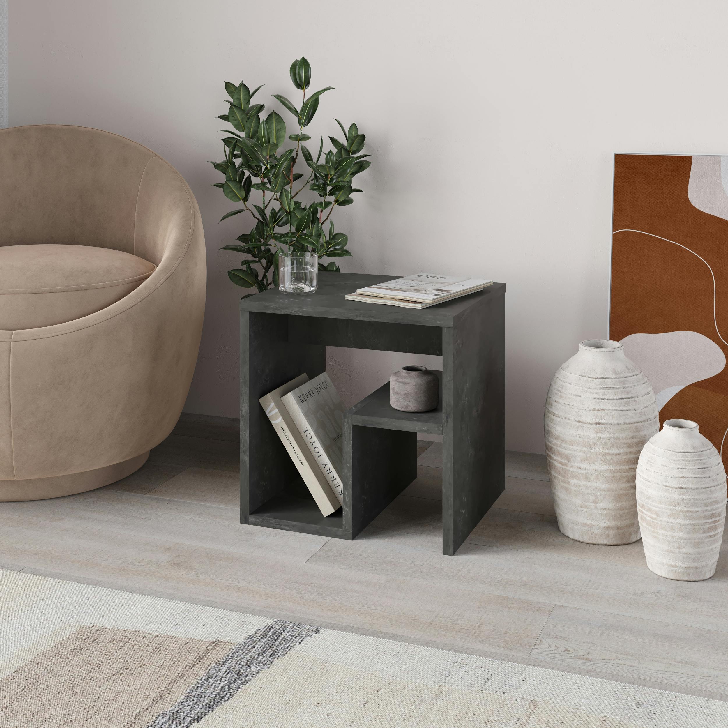 Decortie Grey Bon Square End Table Open Shelf Storage, G-Shaped Coffee Table 40X40cm Chipboard For Living Room Bedroom - Retro