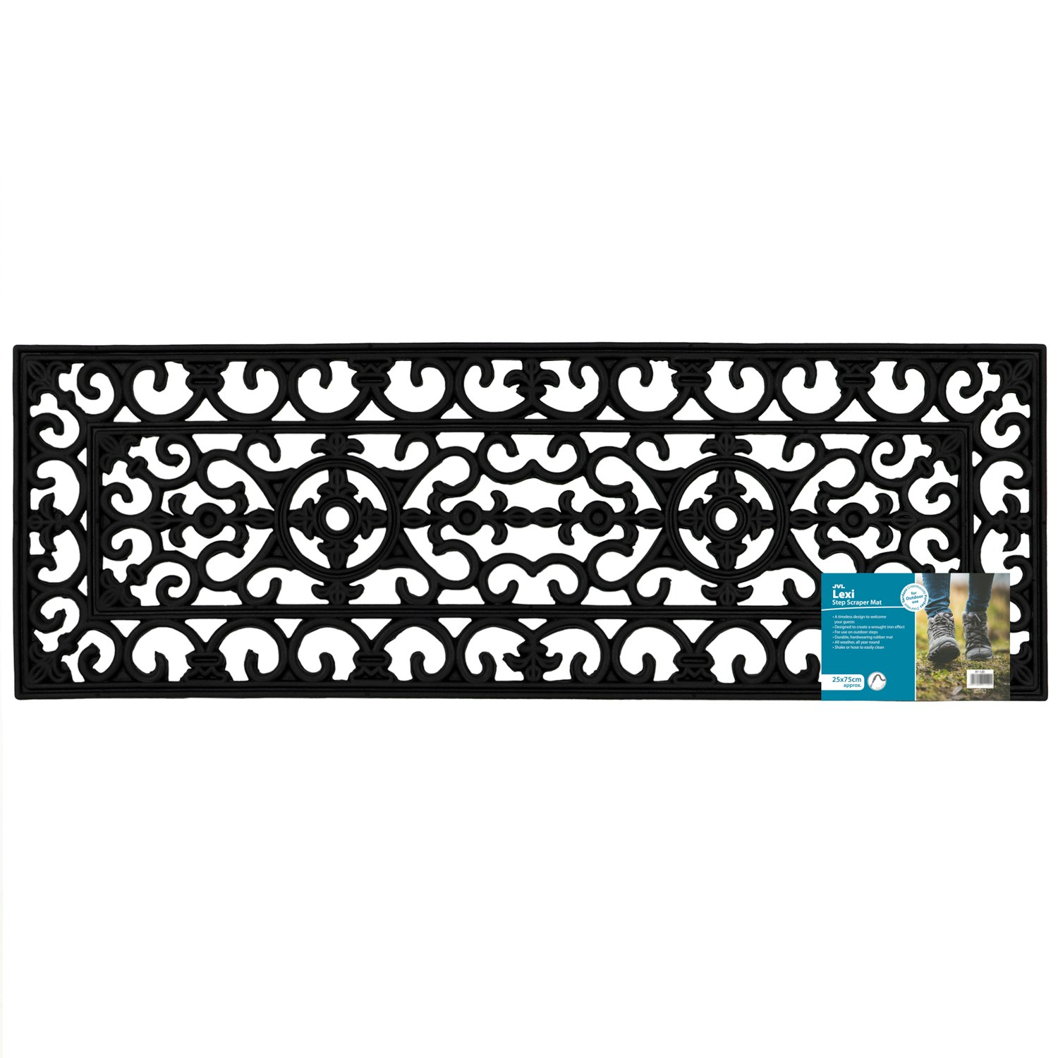 Jvl Black Lexi Wrought Iron Effect Rubber Step Mat, 25X75cm