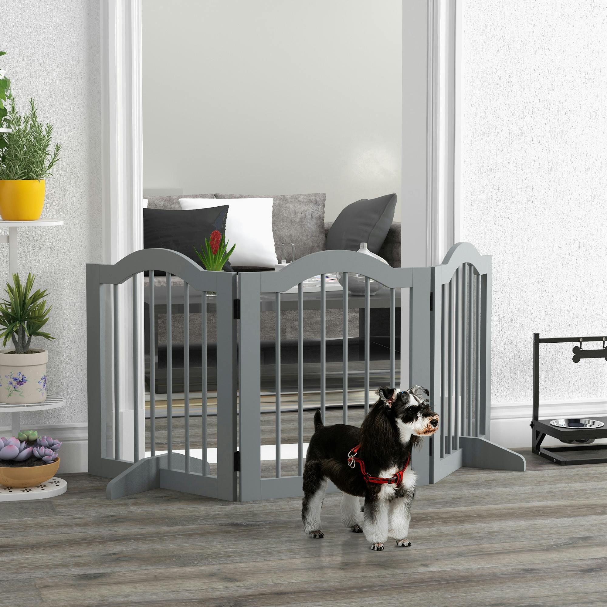 Pawhut Freestanding Pet Gate Barrier 3 Pannel W/ Support Feet Light Grey - Image 3