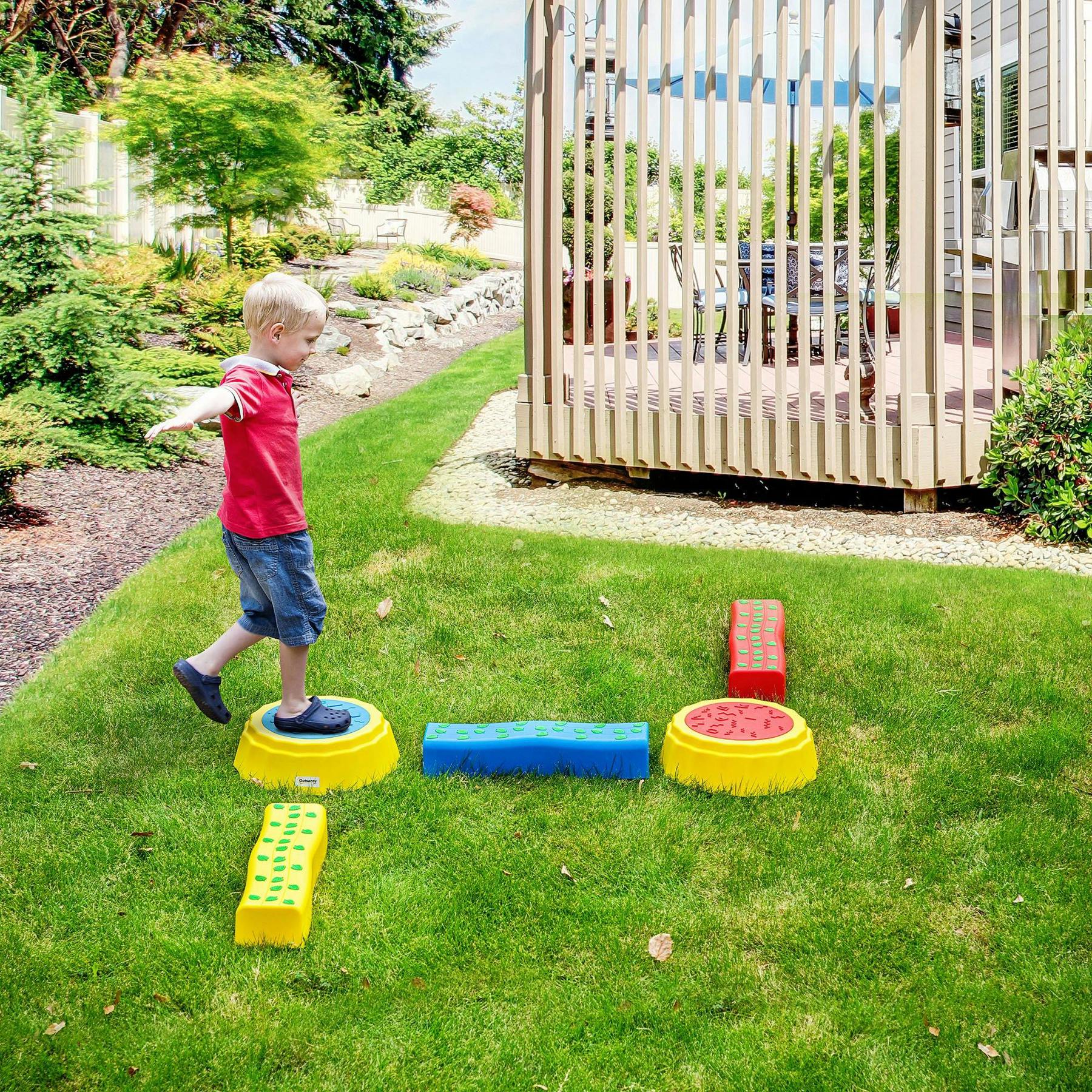 Outsunny 5 Piece Kids Stepping Stones Balance Beam W/ Non-Slip Surface And Bottom
