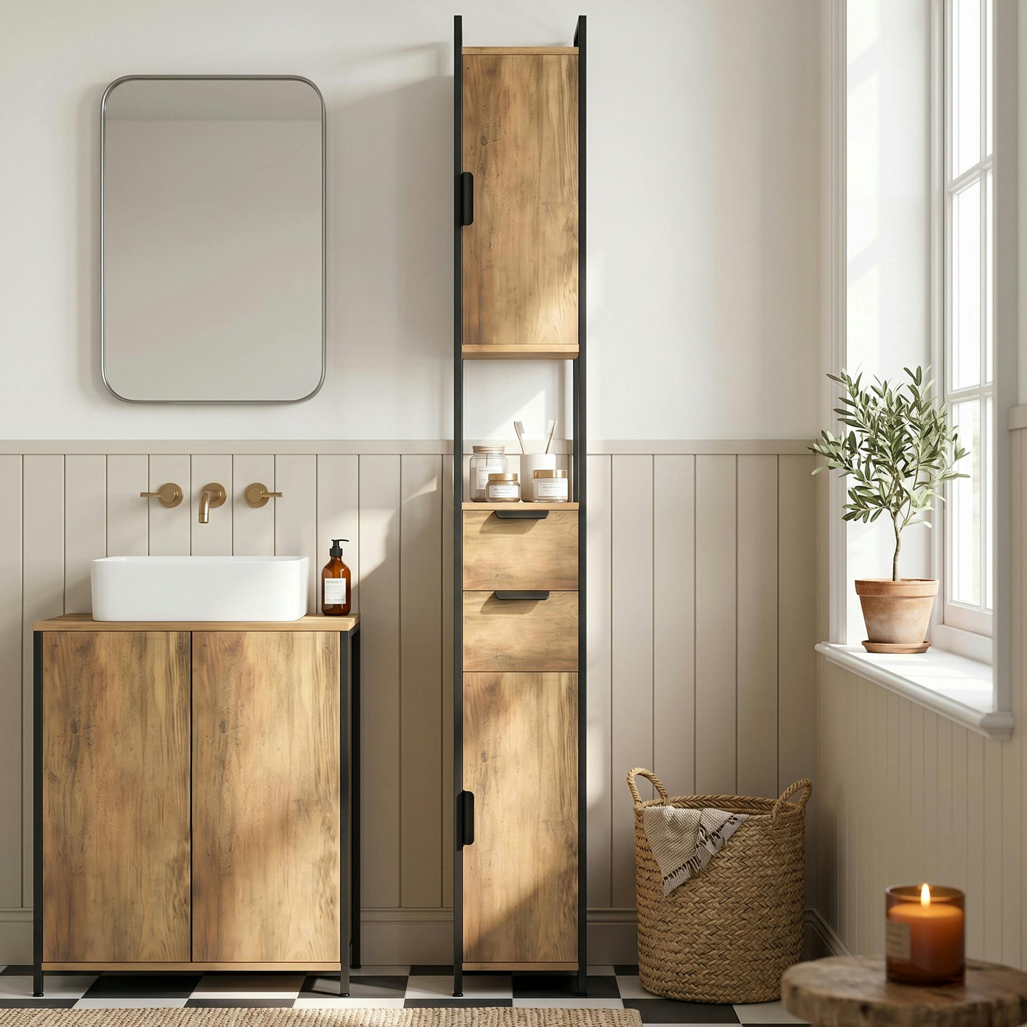 Rackhams Brown Freestanding Bathroom Cabinet With Drawers And Shelves,
