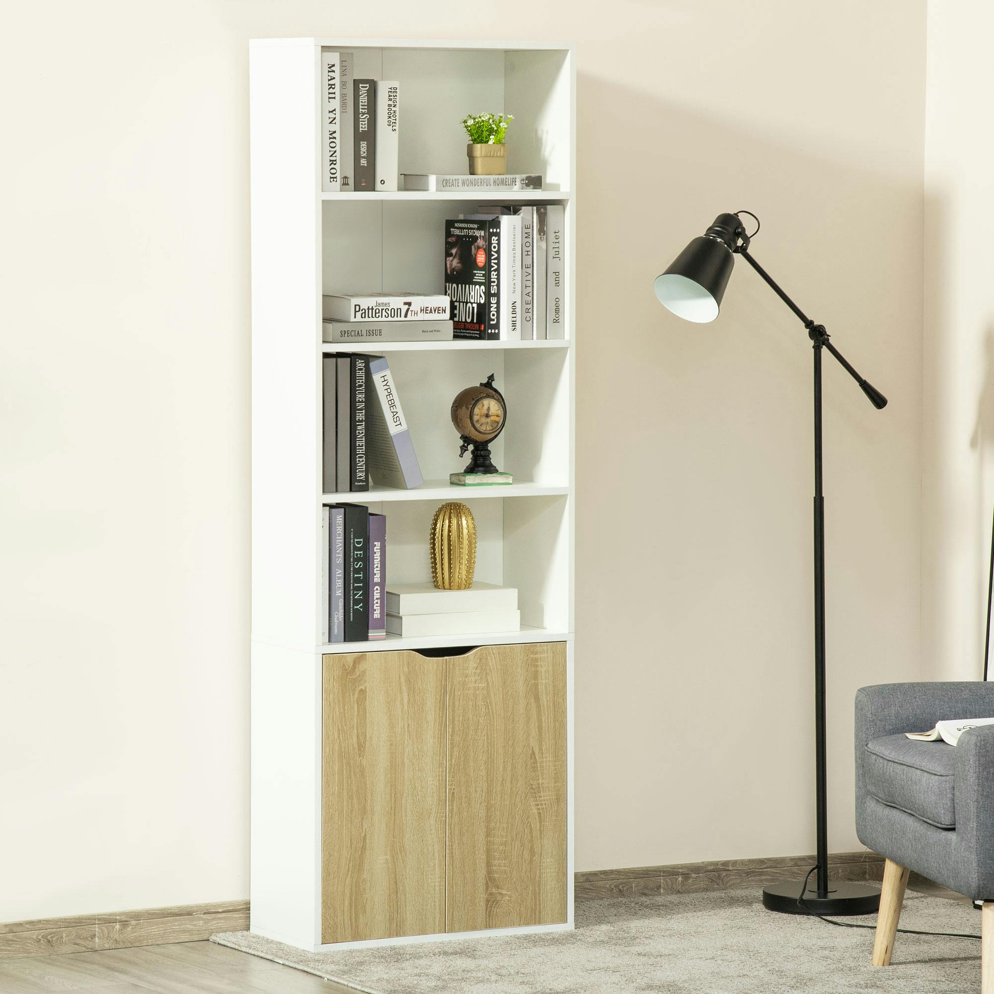 Rackhams White 2 Door 4 Shelves Bookcase Wooden Storage Cabinet Display Unit Oak