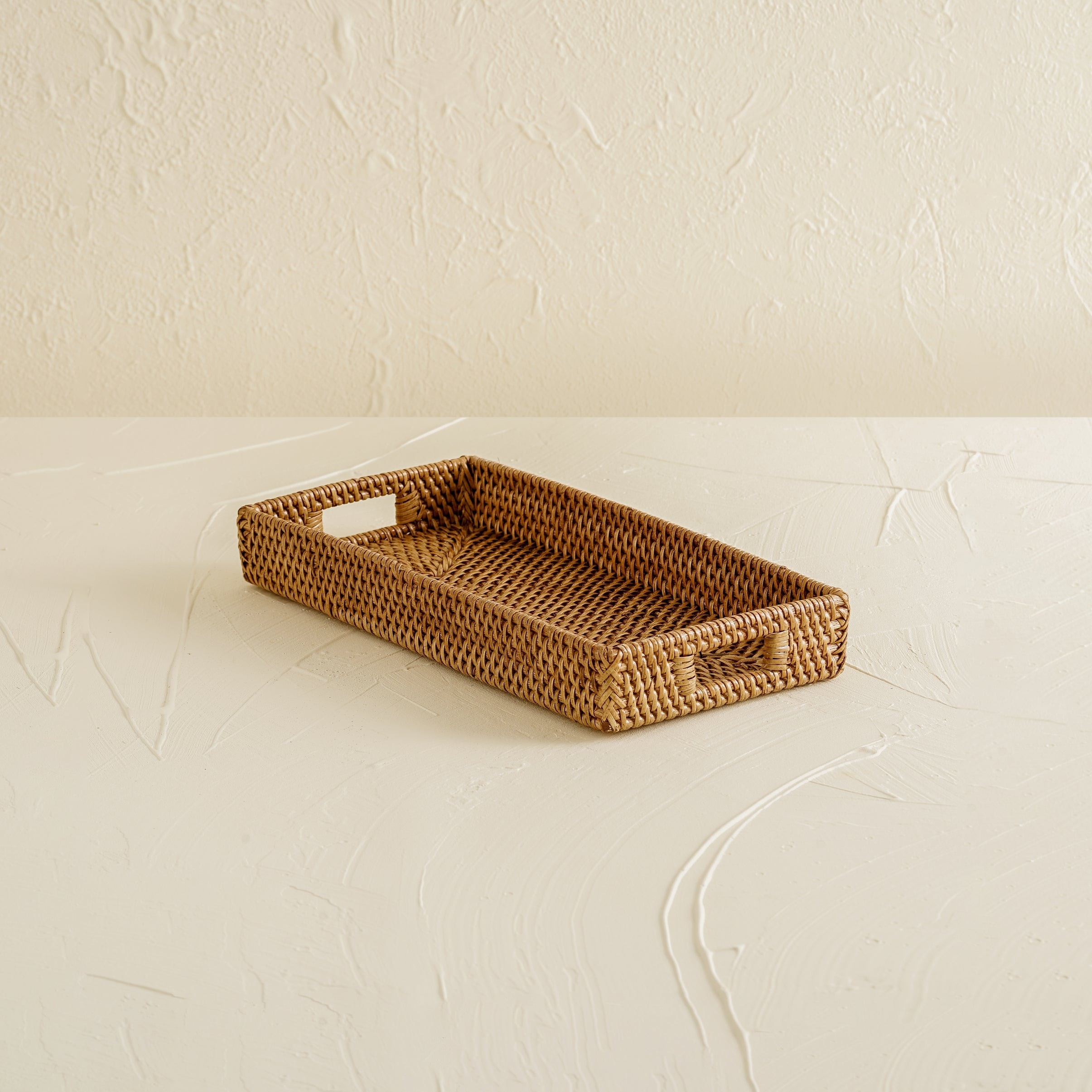 Coastal Villa Homeware Brown Mini Rattan Tray - Small Rectangular Rattan Display Tray - Honey