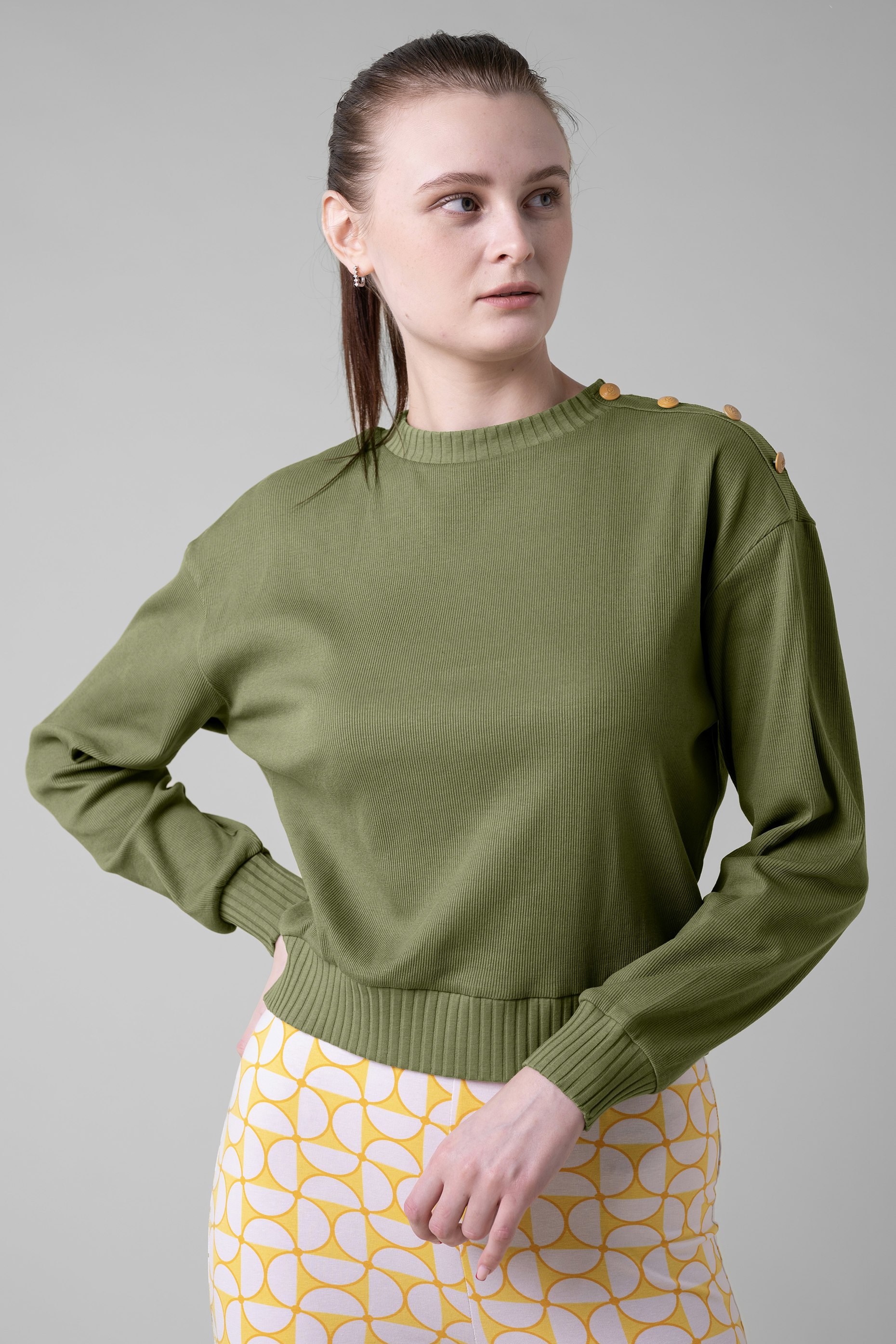 Enorsia Green Button Shoulder Crewneck Sweatshirt - 18 - 90% Cotton, 10% Elastane