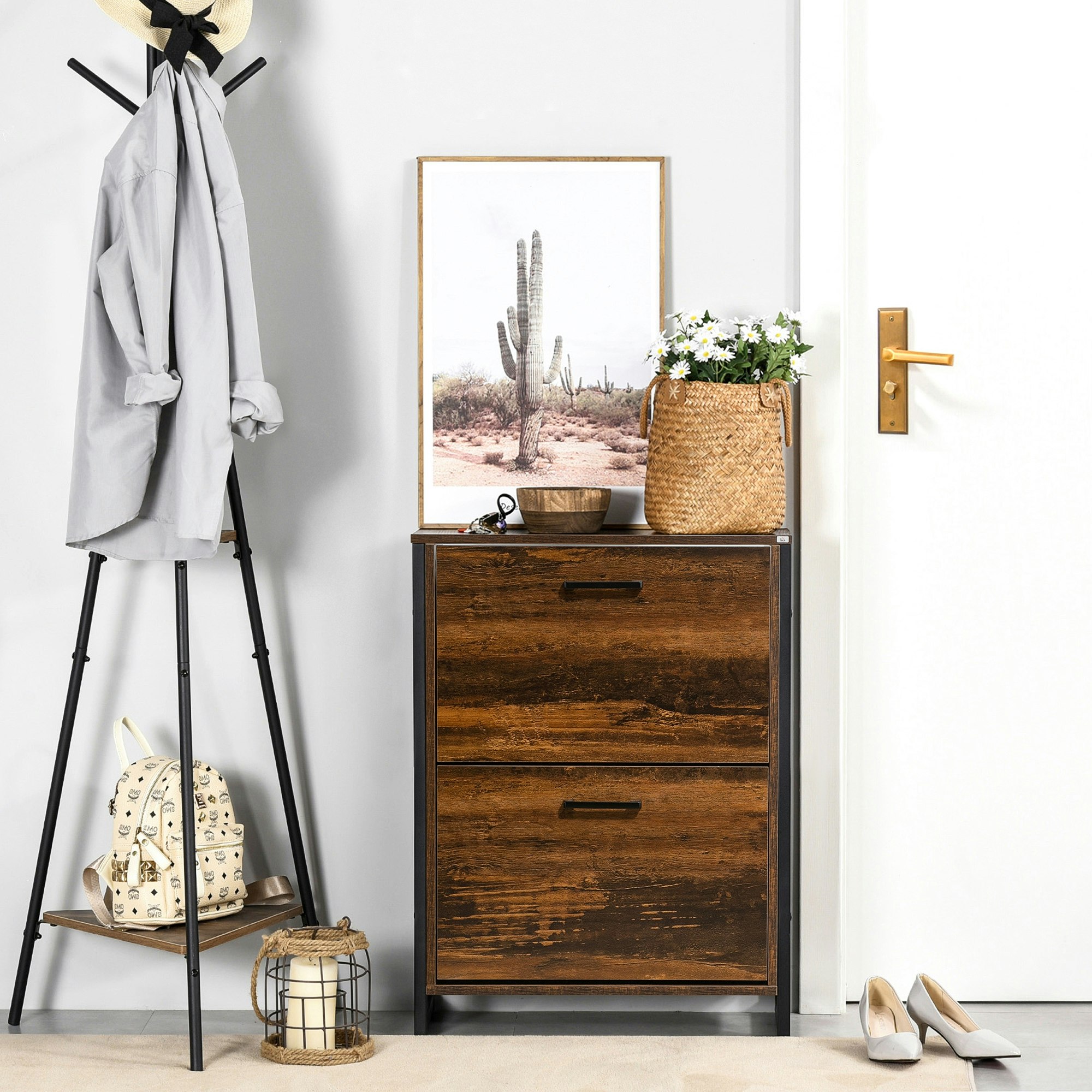 Rackhams Brown 2 Flip Door Shoe Cabinet With Divider For Entryway Rustic