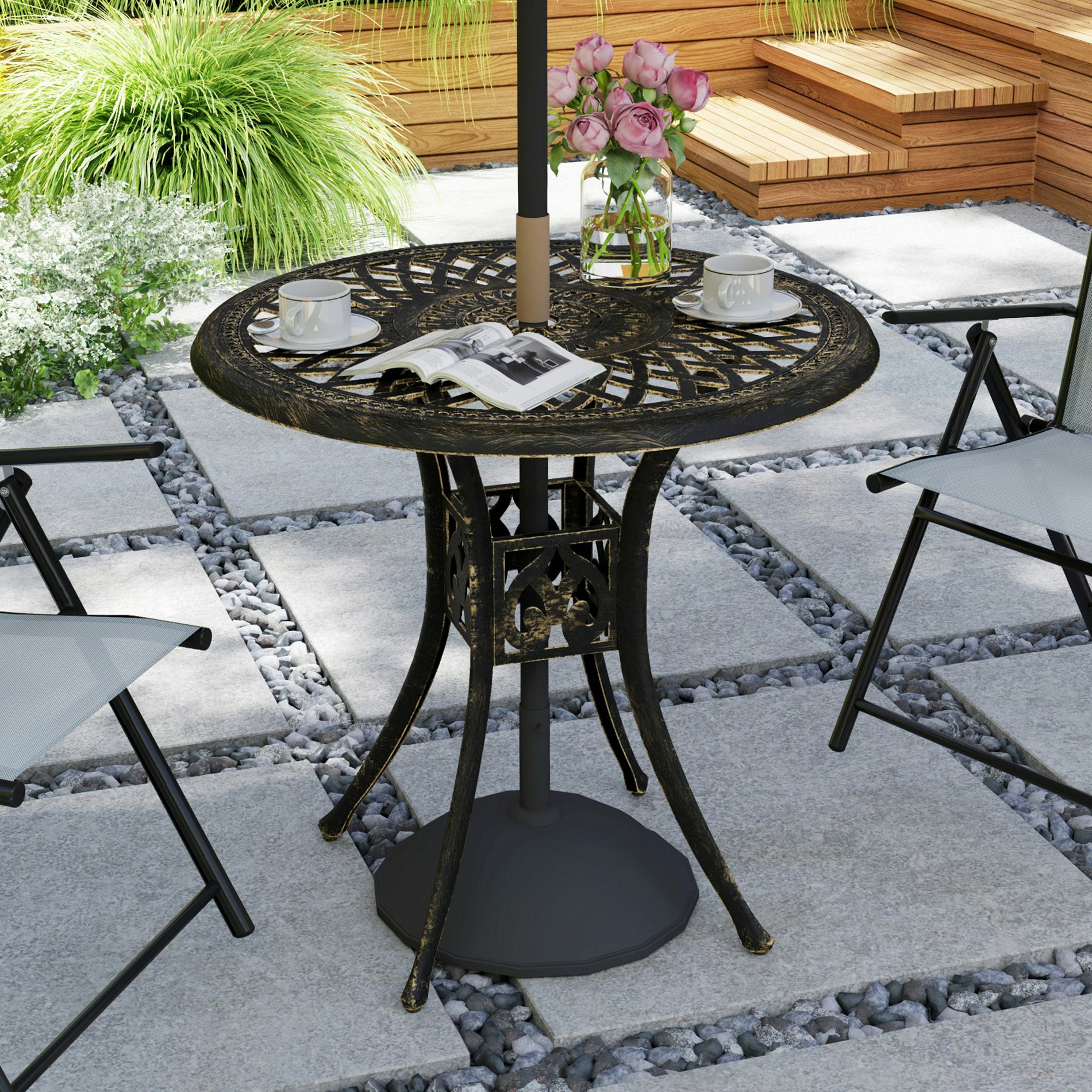 Rackhams Bronze 78 Cm Round Garden Dining Table With Parasol Hole, Tone