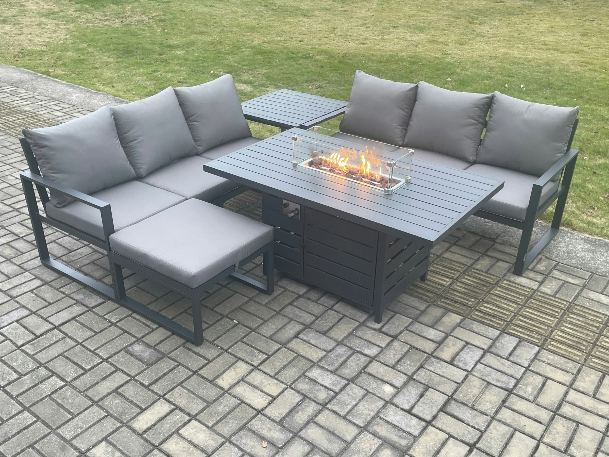 Rackhams Dark/Grey Aluminium 7 Seater Outdoor Garden Furniture Lounge Sofa Set Gas Fire Pit Dining Table With Big Footstool Side Table