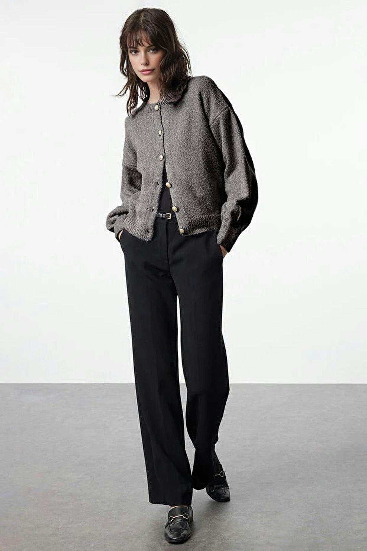 Wovcor Grey Soft-Textured Knit Cardigan With Button Detail And Balloon Sleeves - S
