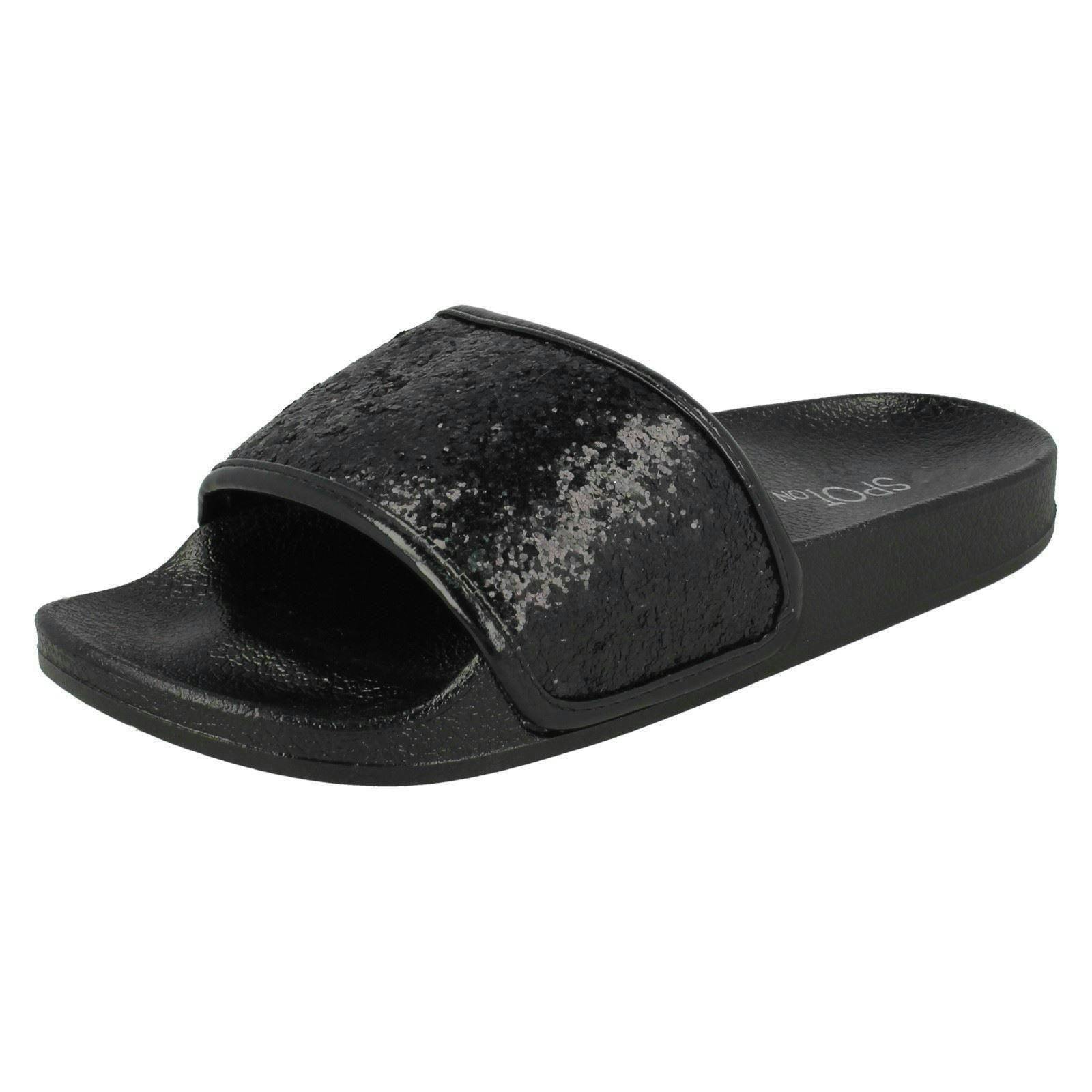 Spot On Women's Black Flat Glitter Vamp Sliders - Uk 6
