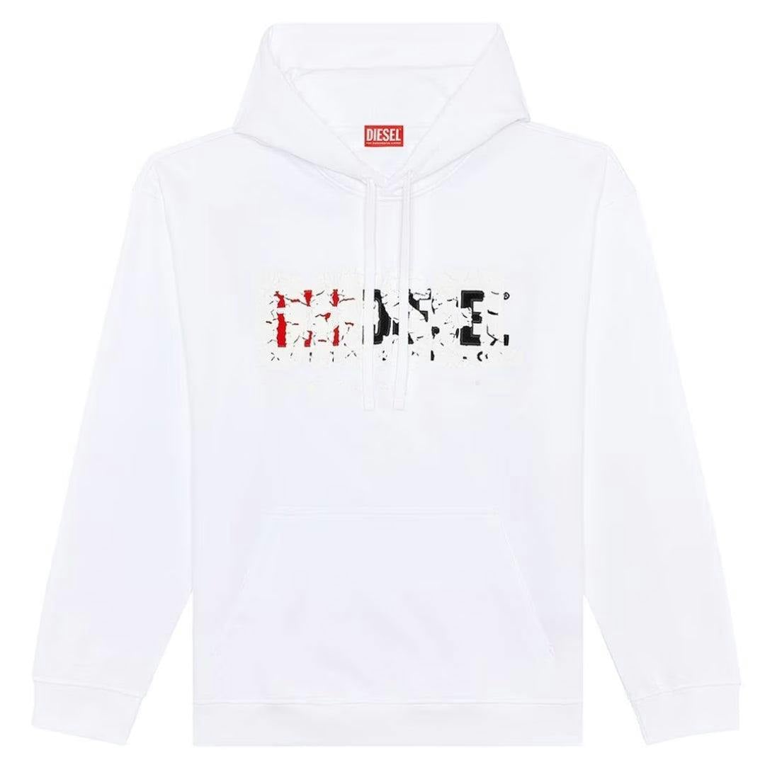 Diesel Men's White Double Destroyed Logo Hoodie - Xl - 100% Cotton