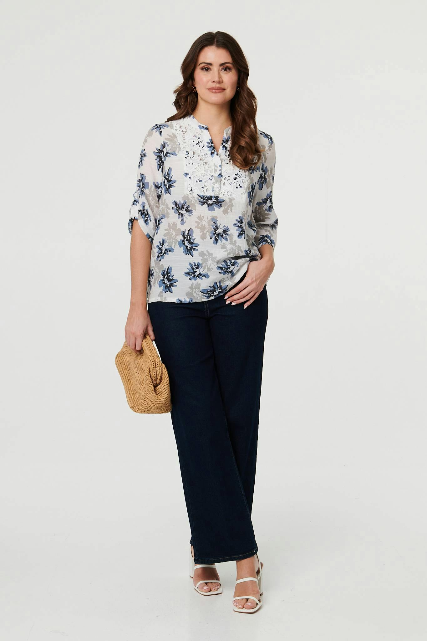Izabel London Blue Floral Lace Trim 3/4 Sleeve Blouse - 12