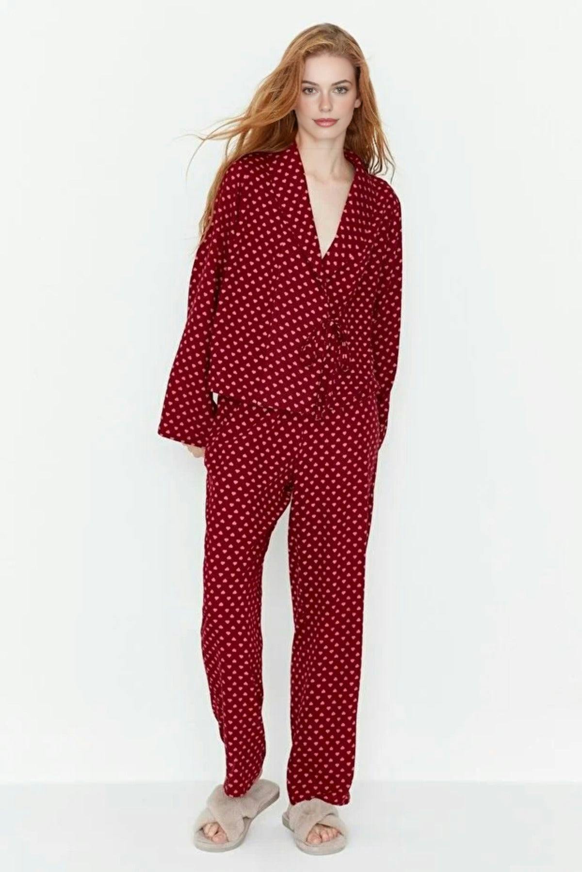 Wovcor Burgundy 2-Piece Heart Print Viscose Woven Pajama Set With Tie Detail - 12