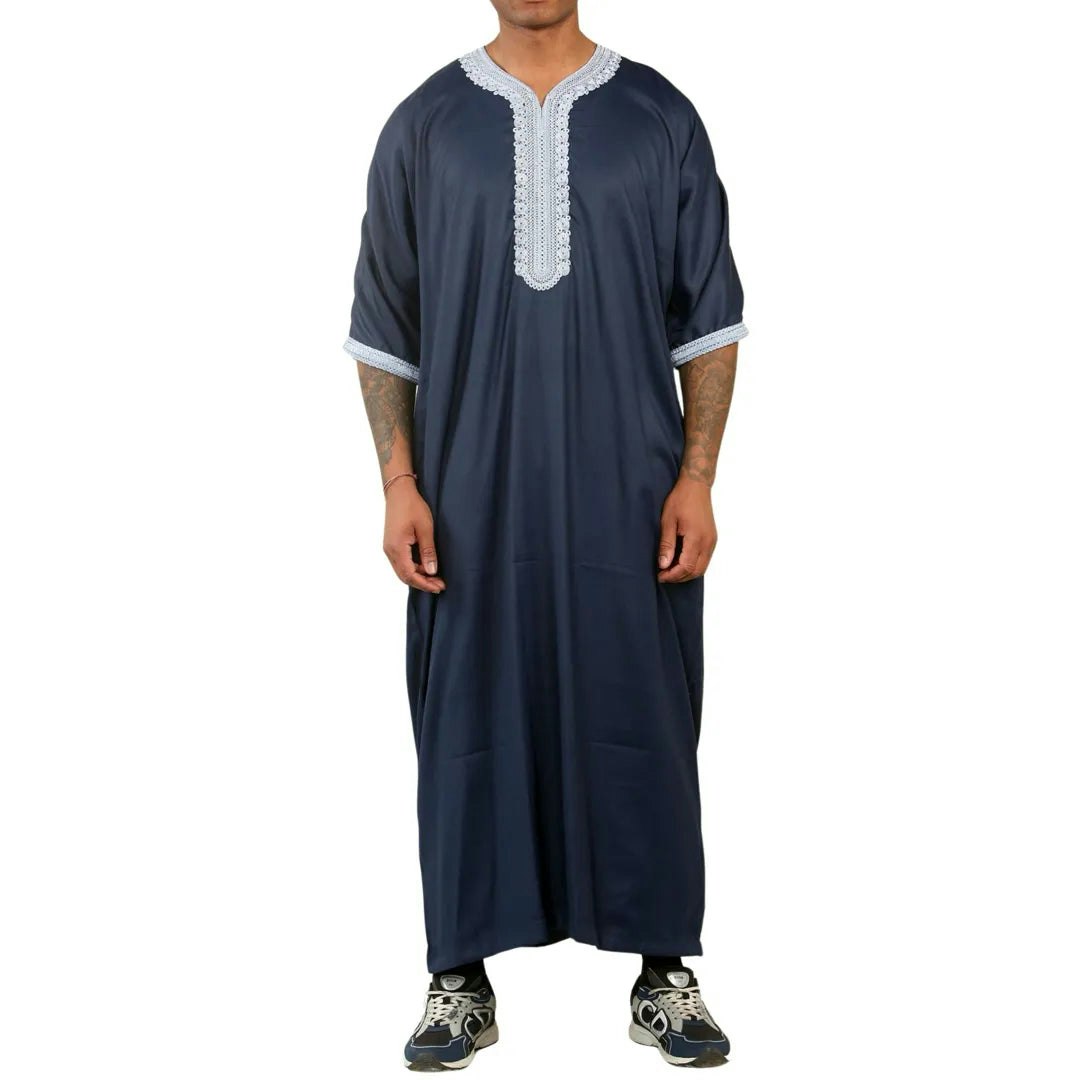Thobez Men's Blue Hm61 - Moroccan Thobe Short Sleeve Embroidery Gandoura - 62
