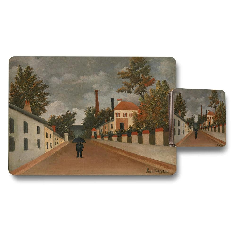 Rackhams White/Red Placemat And Coaster Set With Vintage Street Scene Artwork