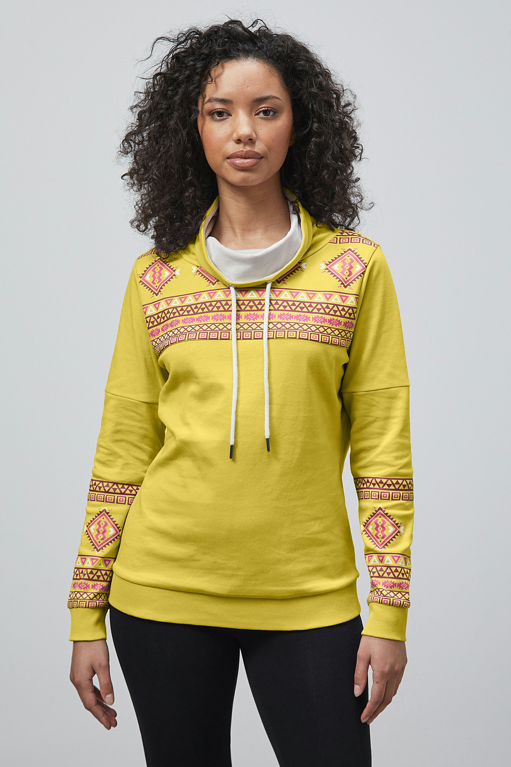 Enorsia Yellow Geo Printed High Collar Sweatshirt - 18 - 58% Cotton, 42% Polyester