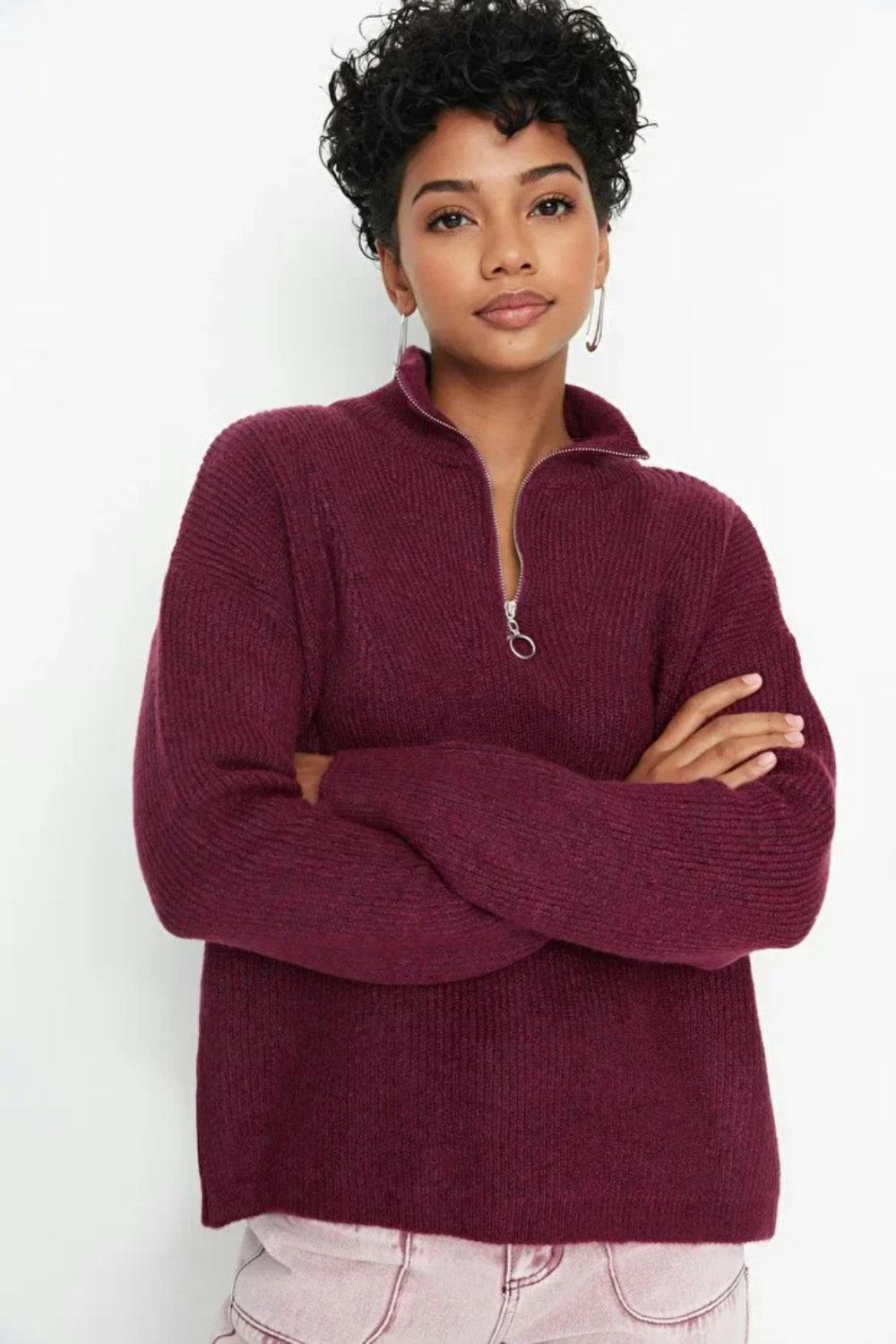 Hoxton Gal Purple Soft-Textured Zip-Up Knit Sweater - Xs