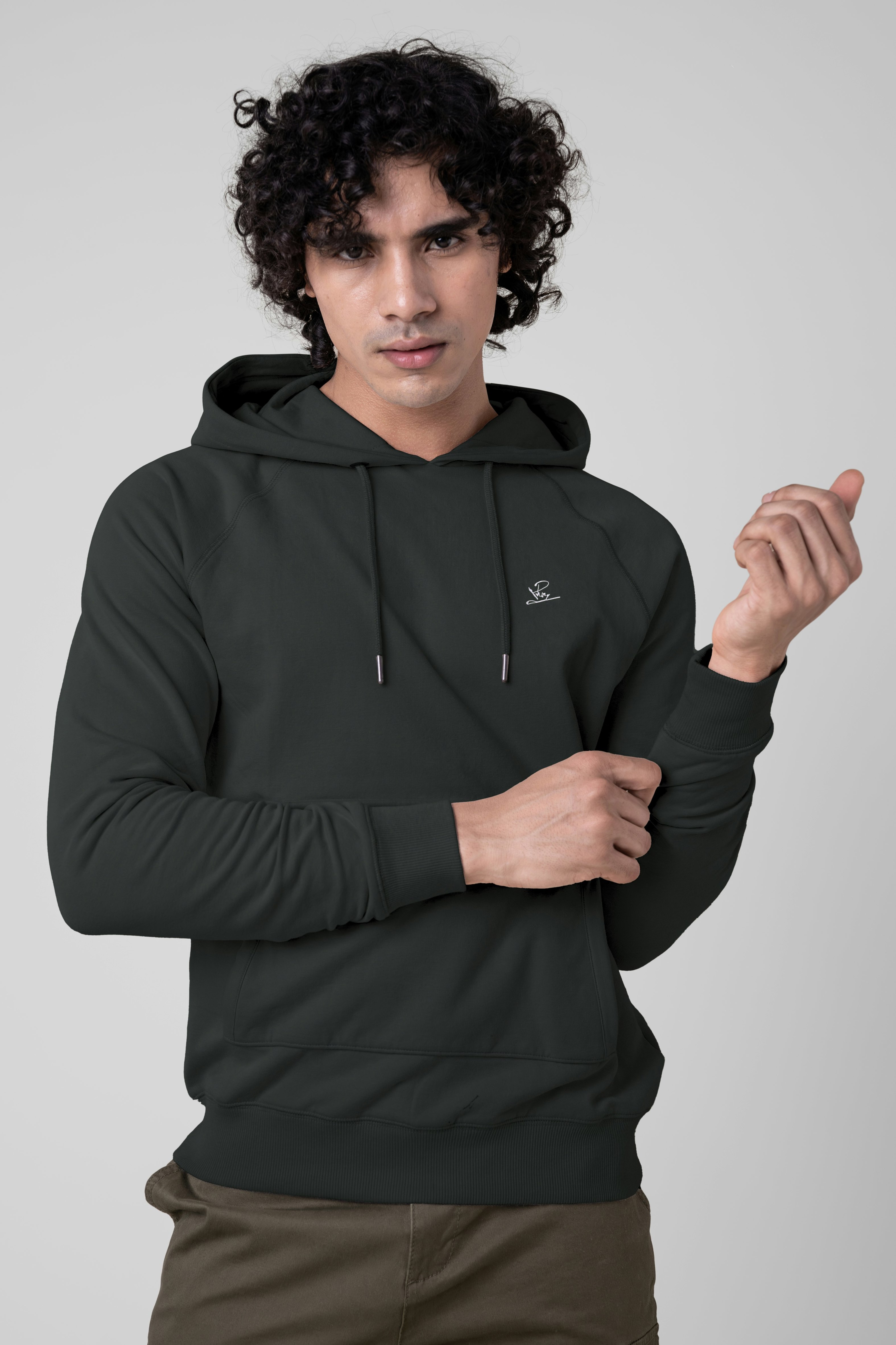 Enorsia Men's Green Flap Detail Kangaroo Pocket Hoodie - Xl - 92% Cotton, 8% Elastane