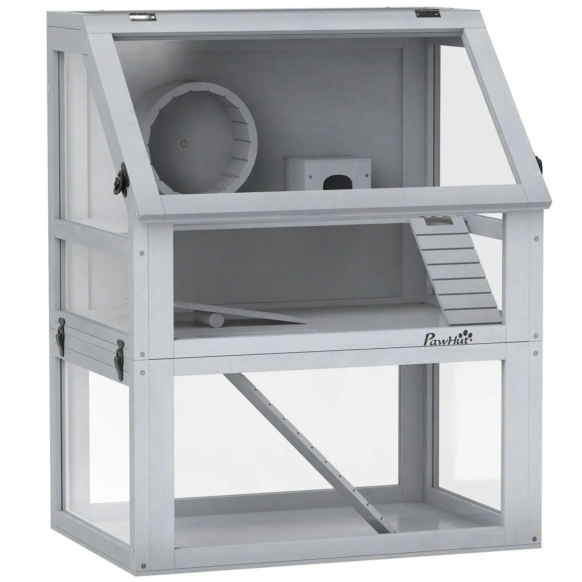 PawHut Wooden Hamster Cage - Grey - Small - Image 7