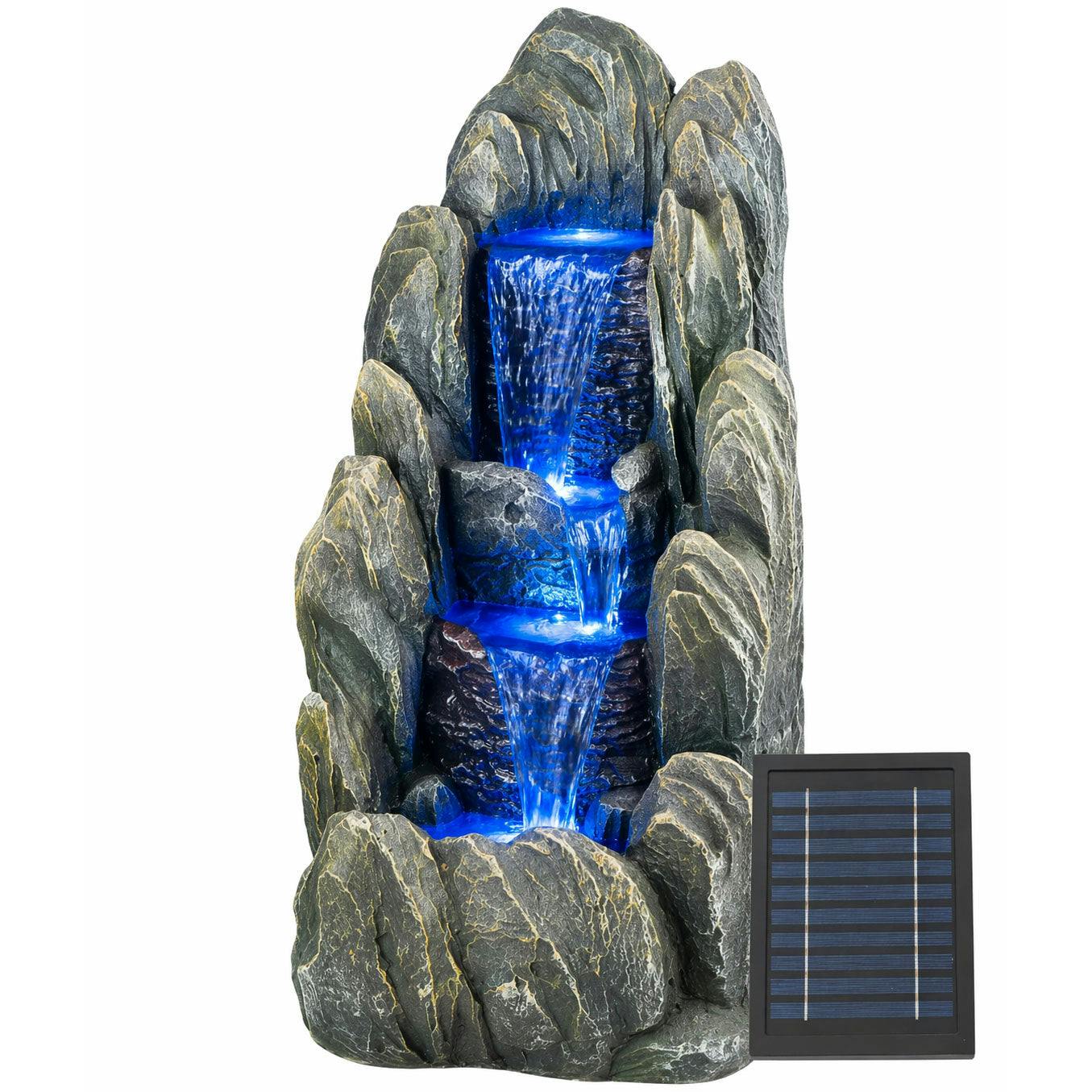 Gardenwize Dark Solar Water Feature – Tiered Cascading Rock Fountain With Led Lights & Battery Backup