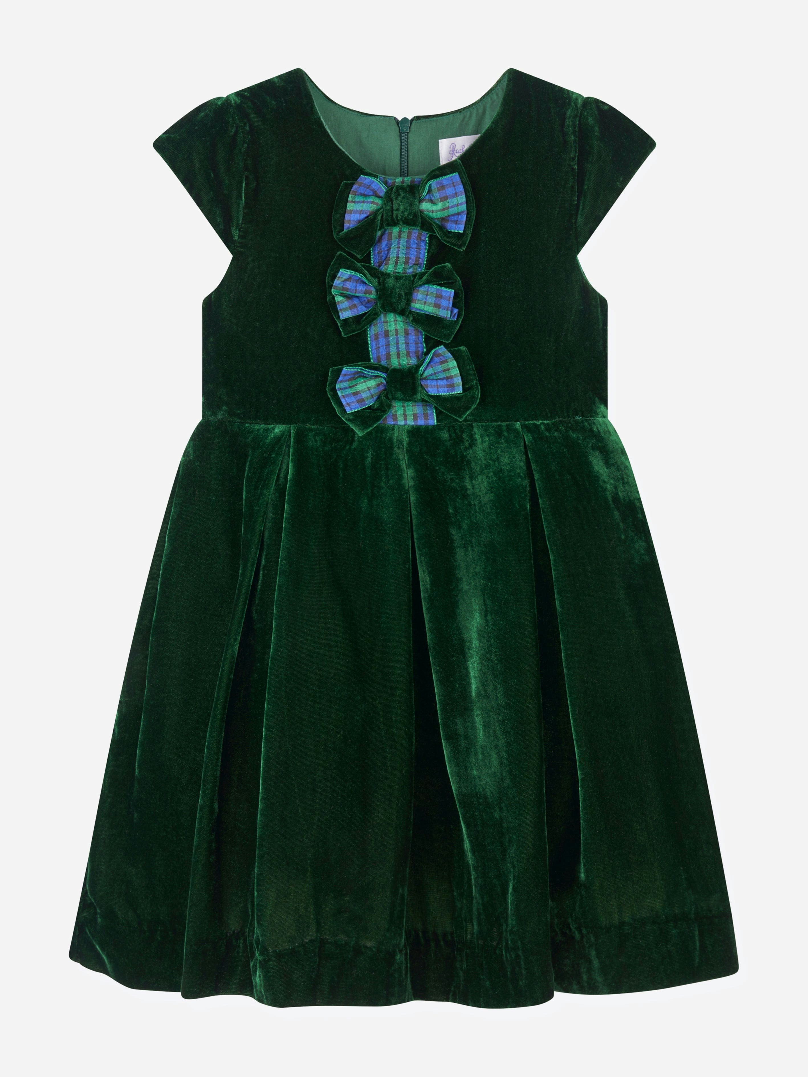 Rachel Riley Girls Green Tartan Bow Velvet Dress In - 2 Yrs