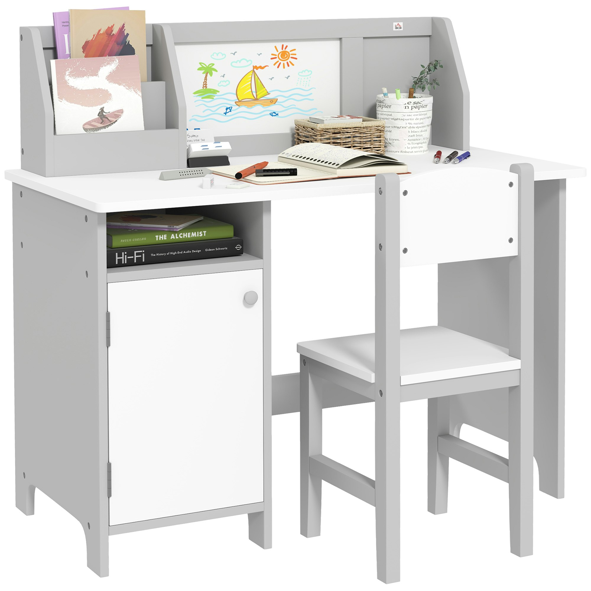Rackhams Grey Kids Desk And Chair Set Pcs Childrens Table And Chair Set Multi Use Toddler Furniture With Whiteboard, Storage Size 2