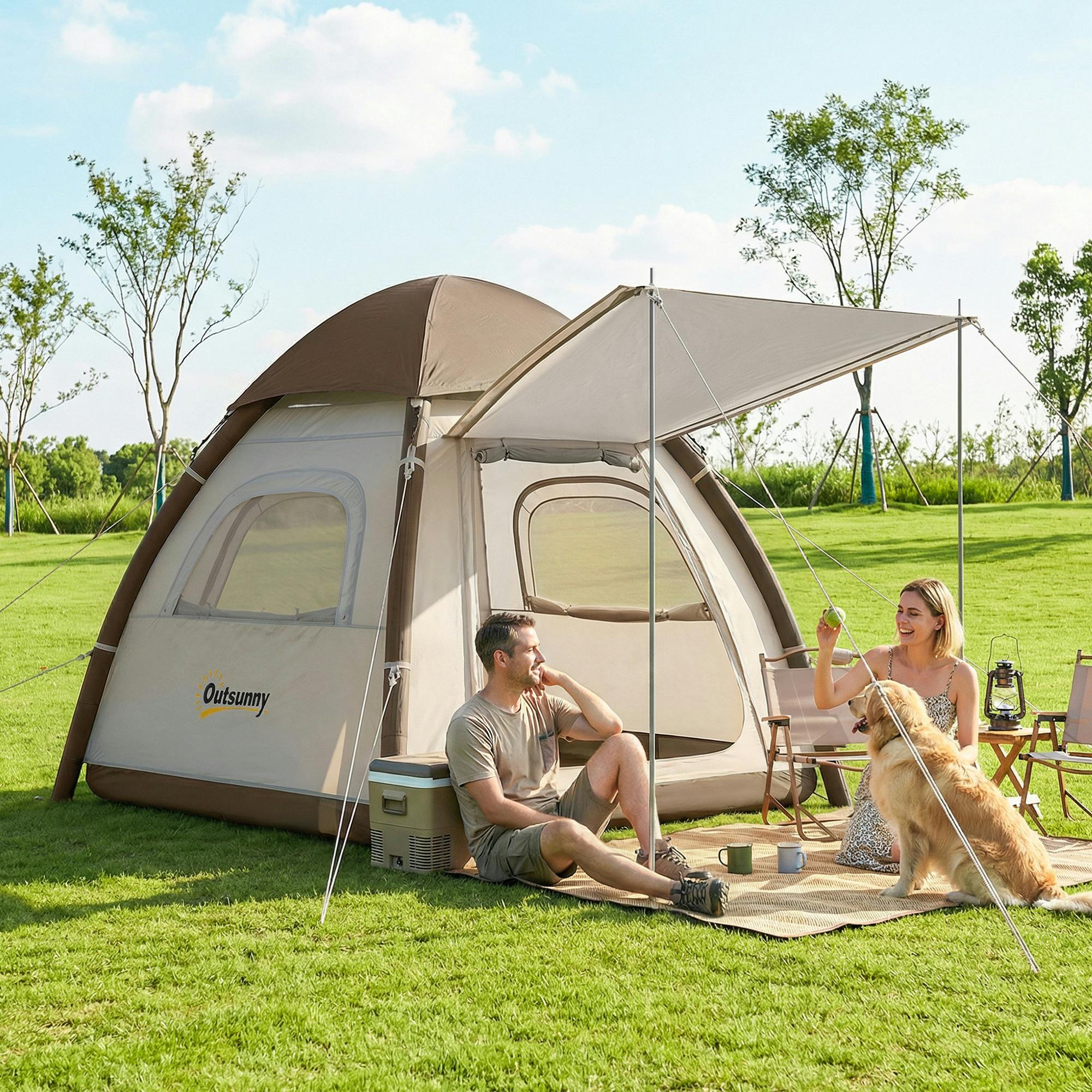 Outsunny Cream 3 Man Inflatable Camping Tent W/ 3000Mm Waterproof Rainfly