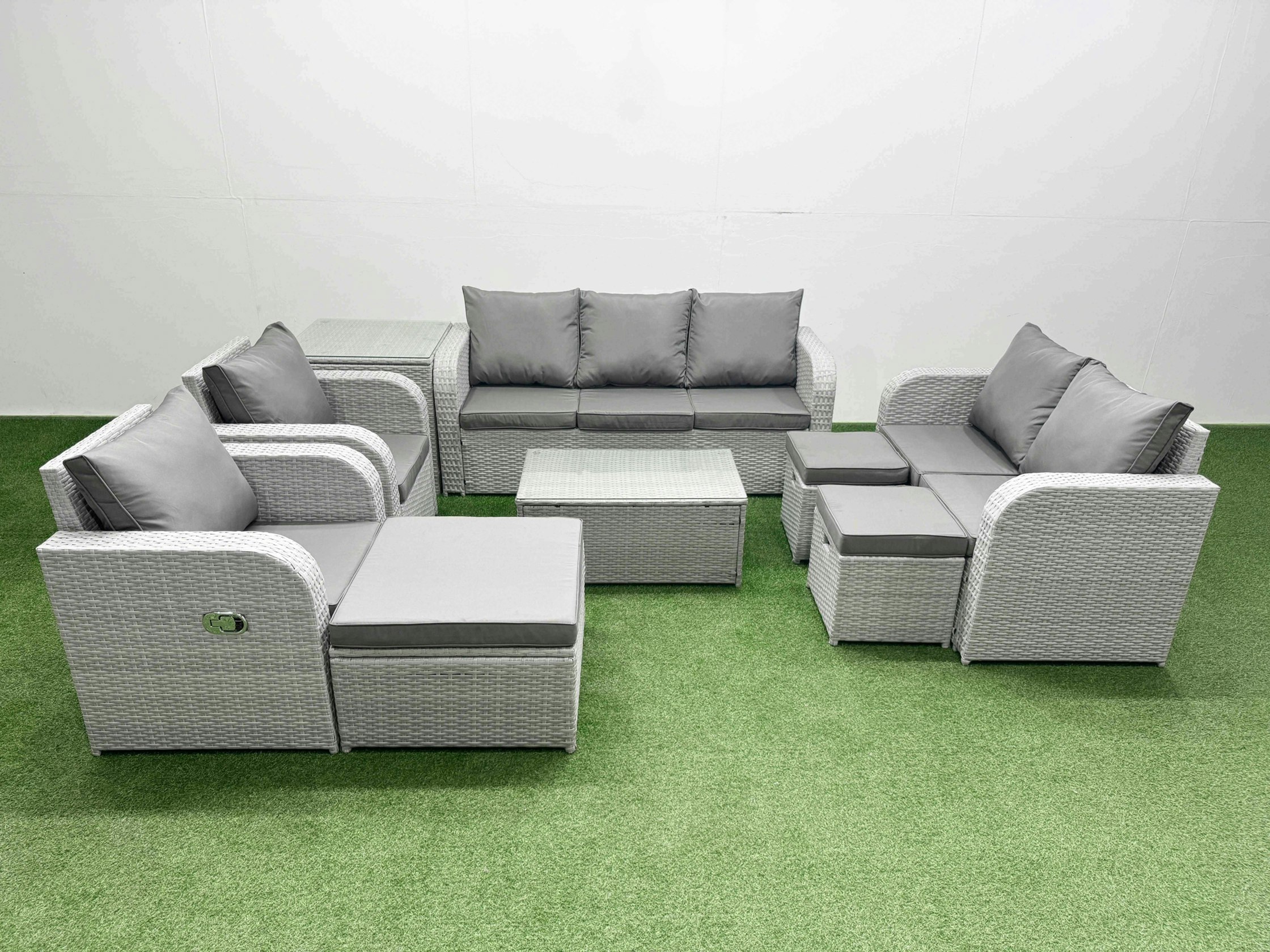 Fimous Light/Grey Pe Rattan Outdoor Lounge Set - Adjustable Chair, Double Loveseat, Oblong Coffee Table, 3 Stools & Side Table
