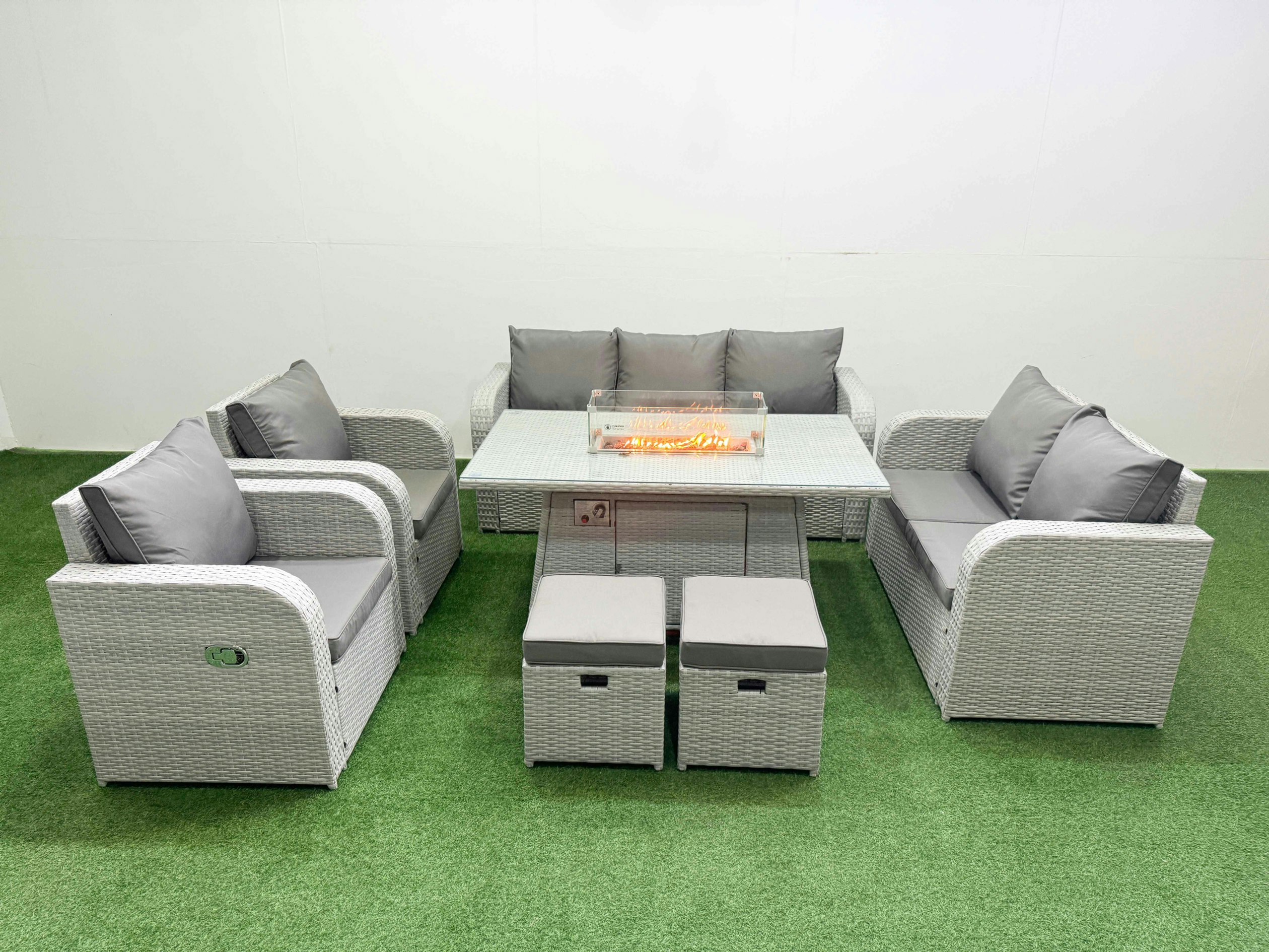 Fimous Light/Grey Pe Rattan Garden Furniture Set Reclining Chair Sofa Double Love Seat 2 Seater Sofa Lounge Set Fire Pit Dining Table 2 Stools