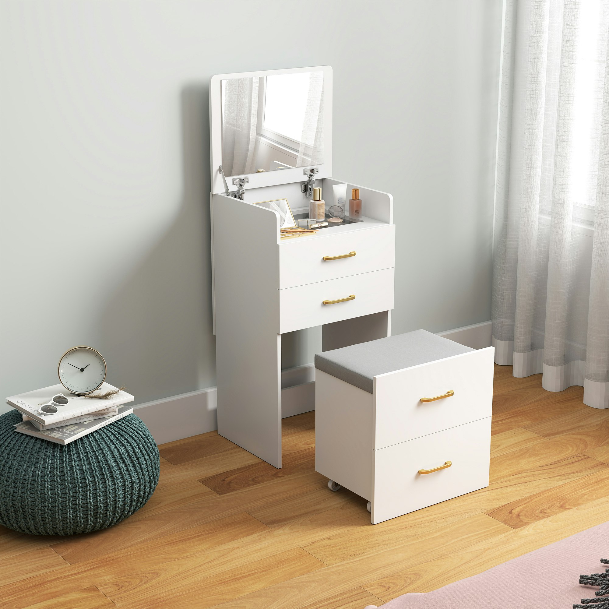 Rackhams White 3 In 1 Dressing Table Vanity Desk With Mirror And Cushioned Stool