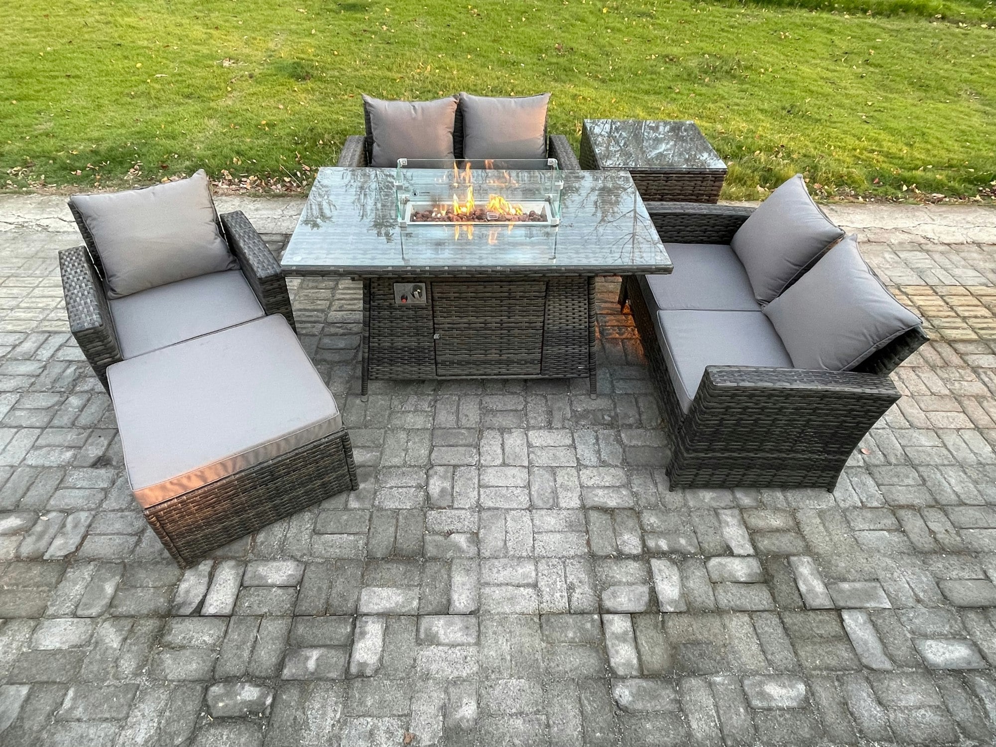 Fimous Dark/Grey Rattan Outdoor Garden Furniture Gas Fire Pit Table Sets Gas Heater With Love Sofa Armchair Big Footstool Side Table 6 Seater Mixed