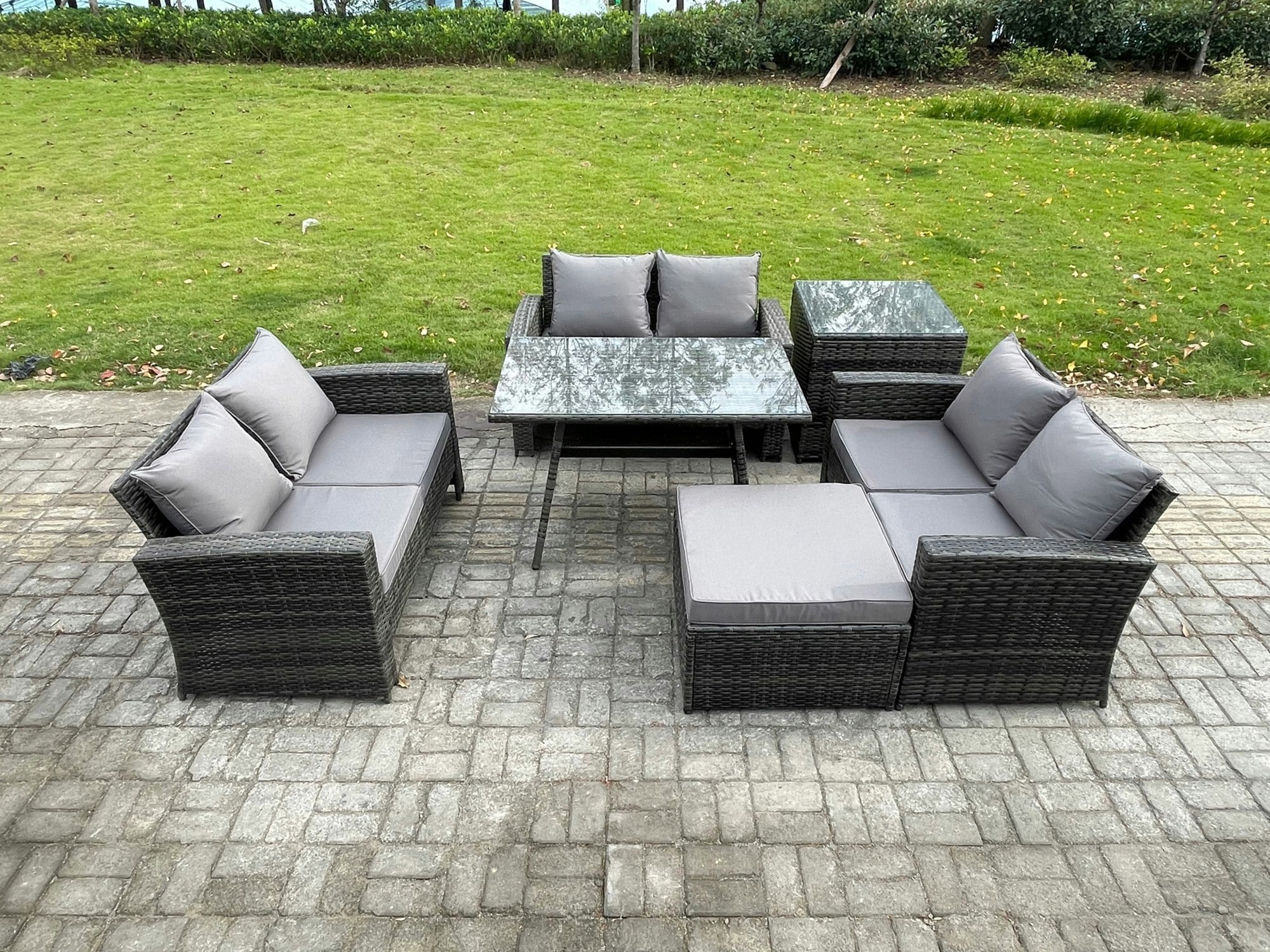Rackhams Dark/Grey 7 Seater Rattan Wicker Garden Furniture Patio Conservatory Sofa Set With Rectangular Dining Table Love Seat Sofa Big Footstool Side Table