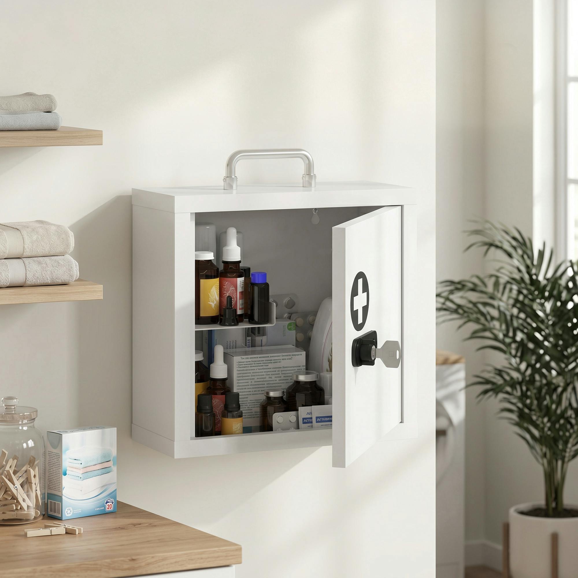 Rackhams White Medicine Cabinet, Medical Cabinet W/ Combination And Key Lock,