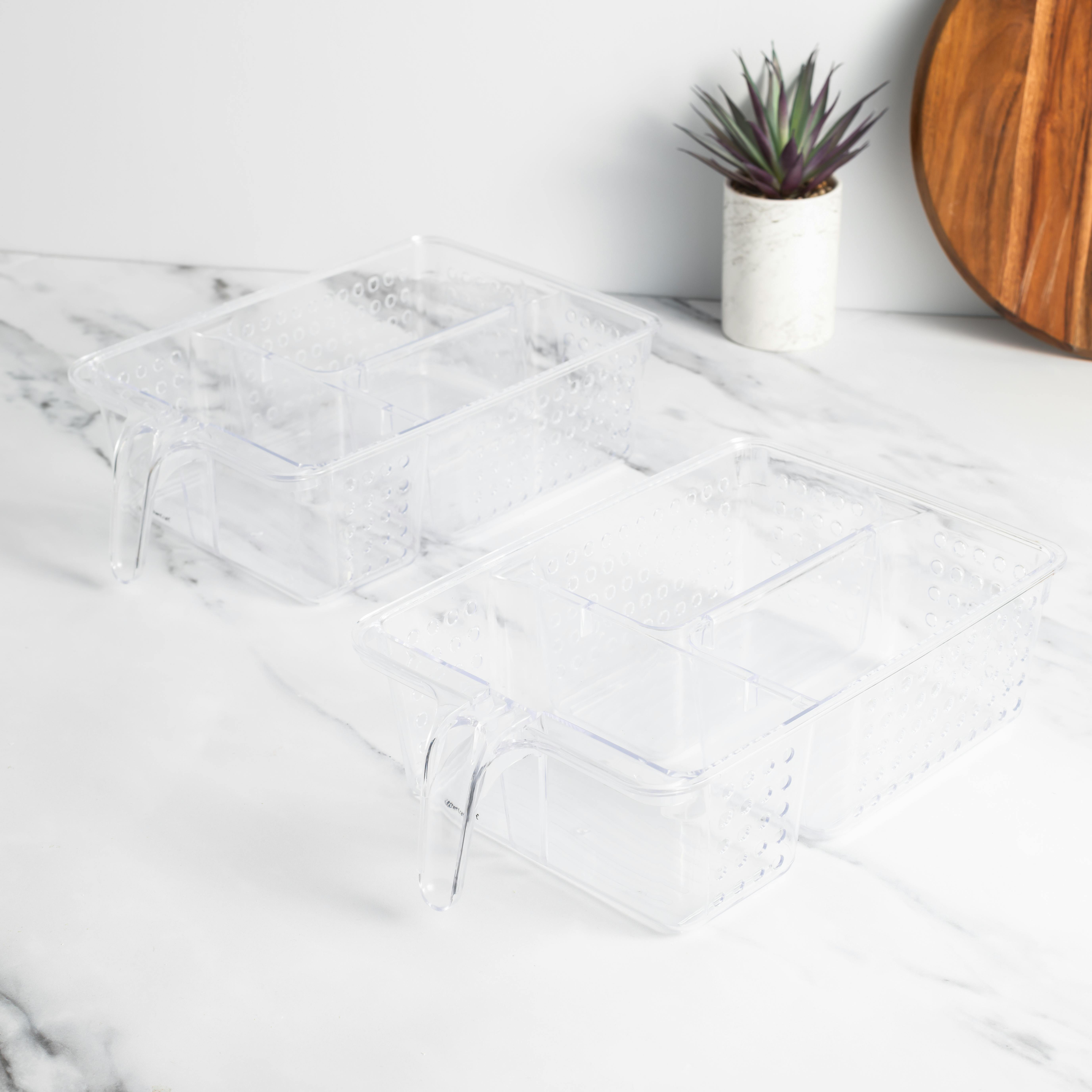 Rackhams Set Of 2 Large Plastic Fridge Organisers Or Cupboard Organisers With 3 Compartments, Clear, 31 X 20.5 X 9Cm - Clear - Polypropelyne - Baskets