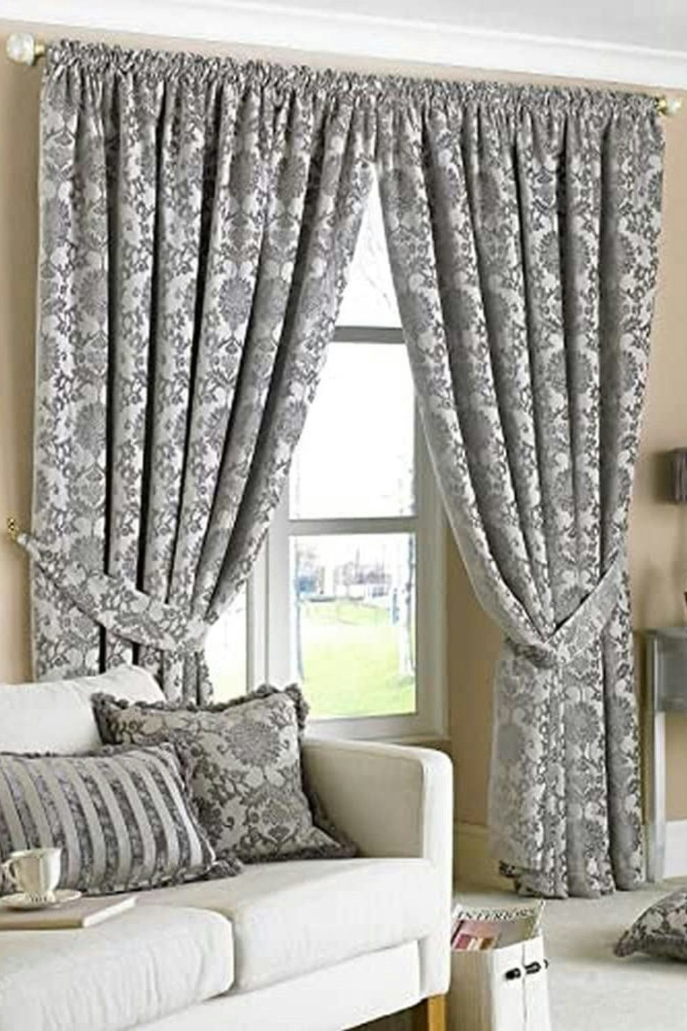 Rackhams Silver Hanover Chenille Damask Fully Lined Pencil Pleat Curtains - 66 X 72"
