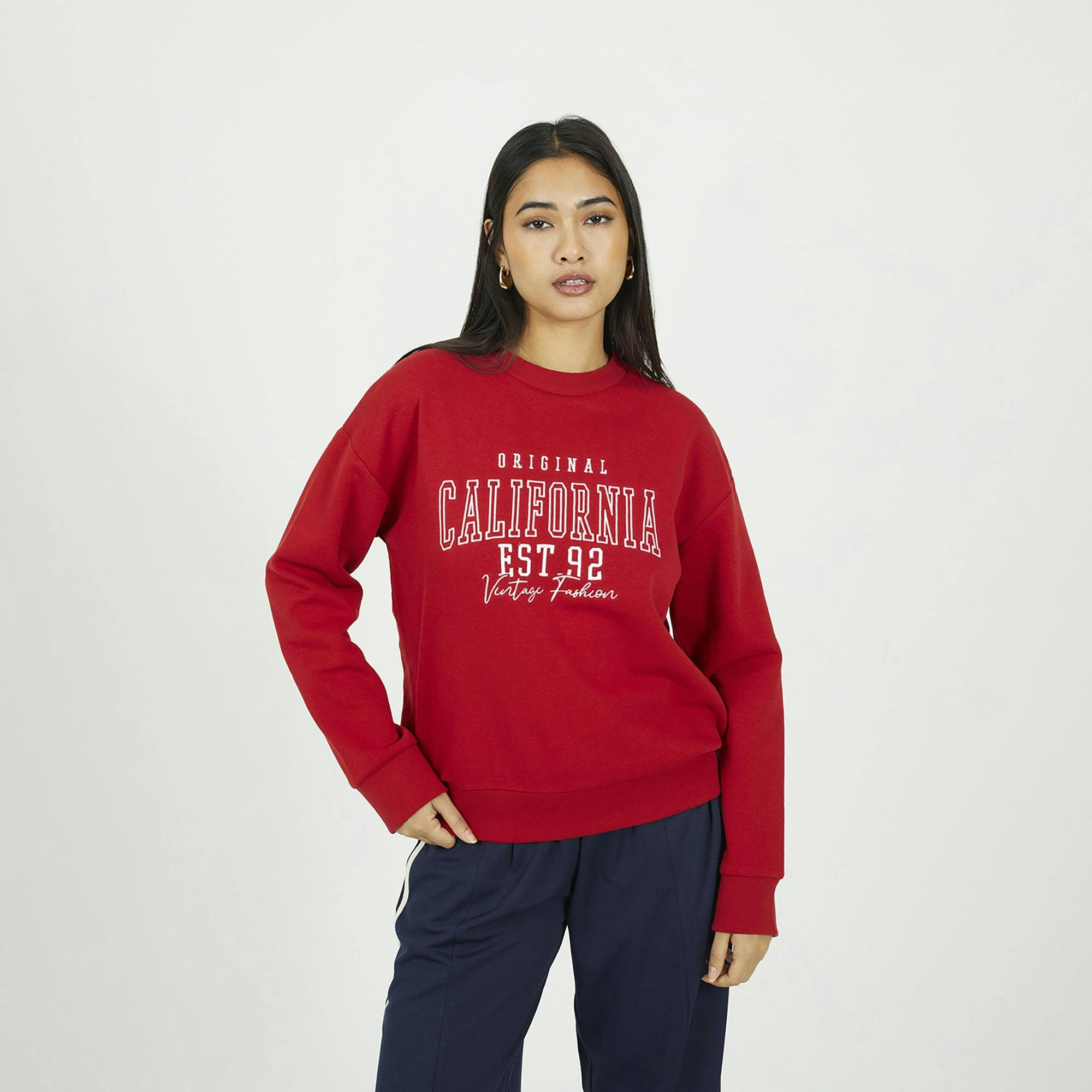 Brave Soul Red Crew Neck Embroide Sweatshirt - M