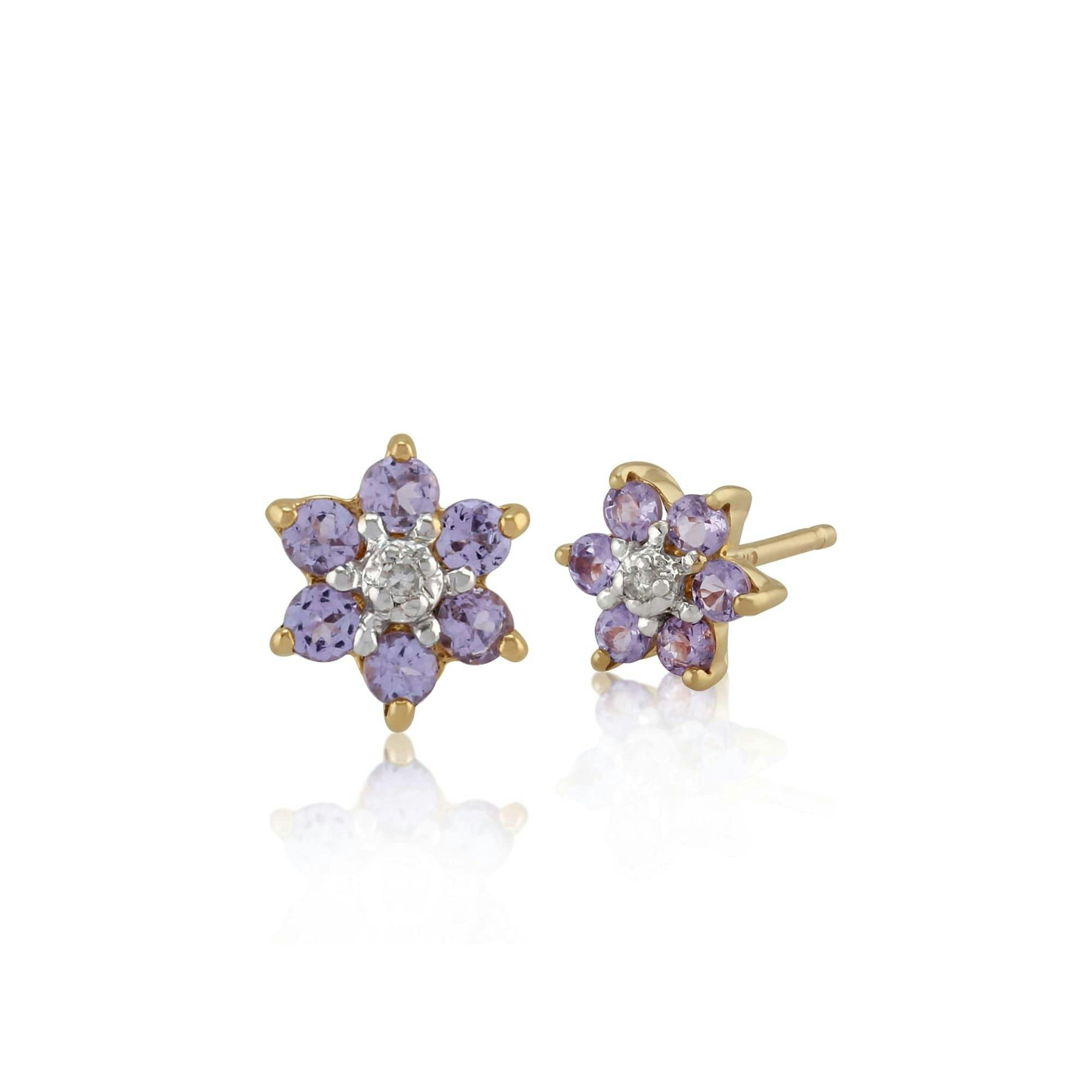 Gemondo Yellow/Gold Floral Round Tanzanite & Diamond Cluster Stud Earrings In 9Ct