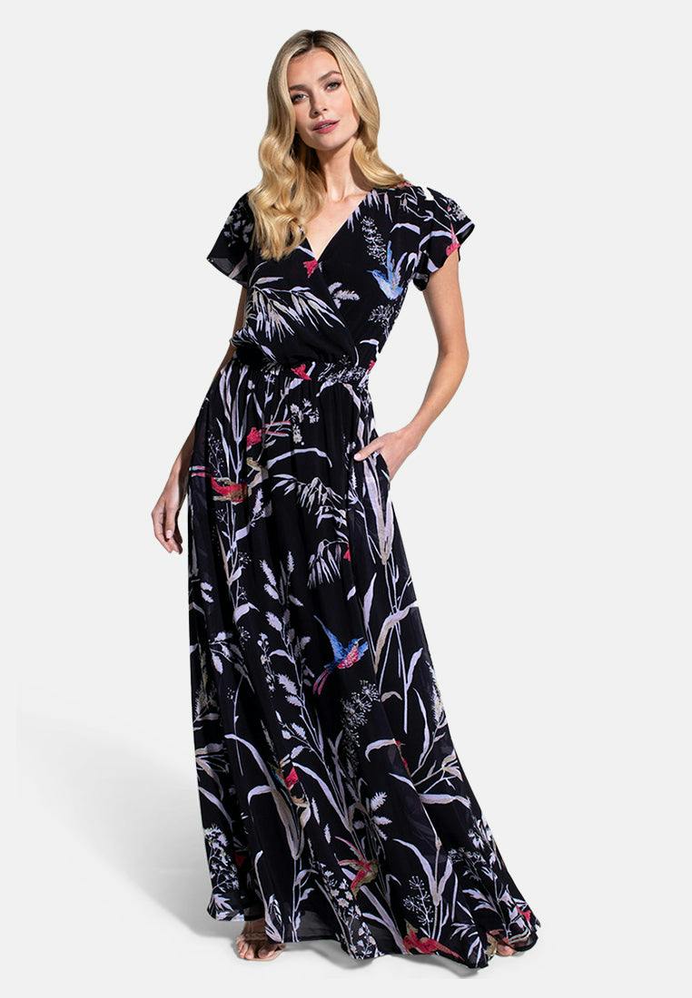 Hotsquash Black Elegant Mock-Wrap Chiffon Maxi Dress - Bird Print - 18