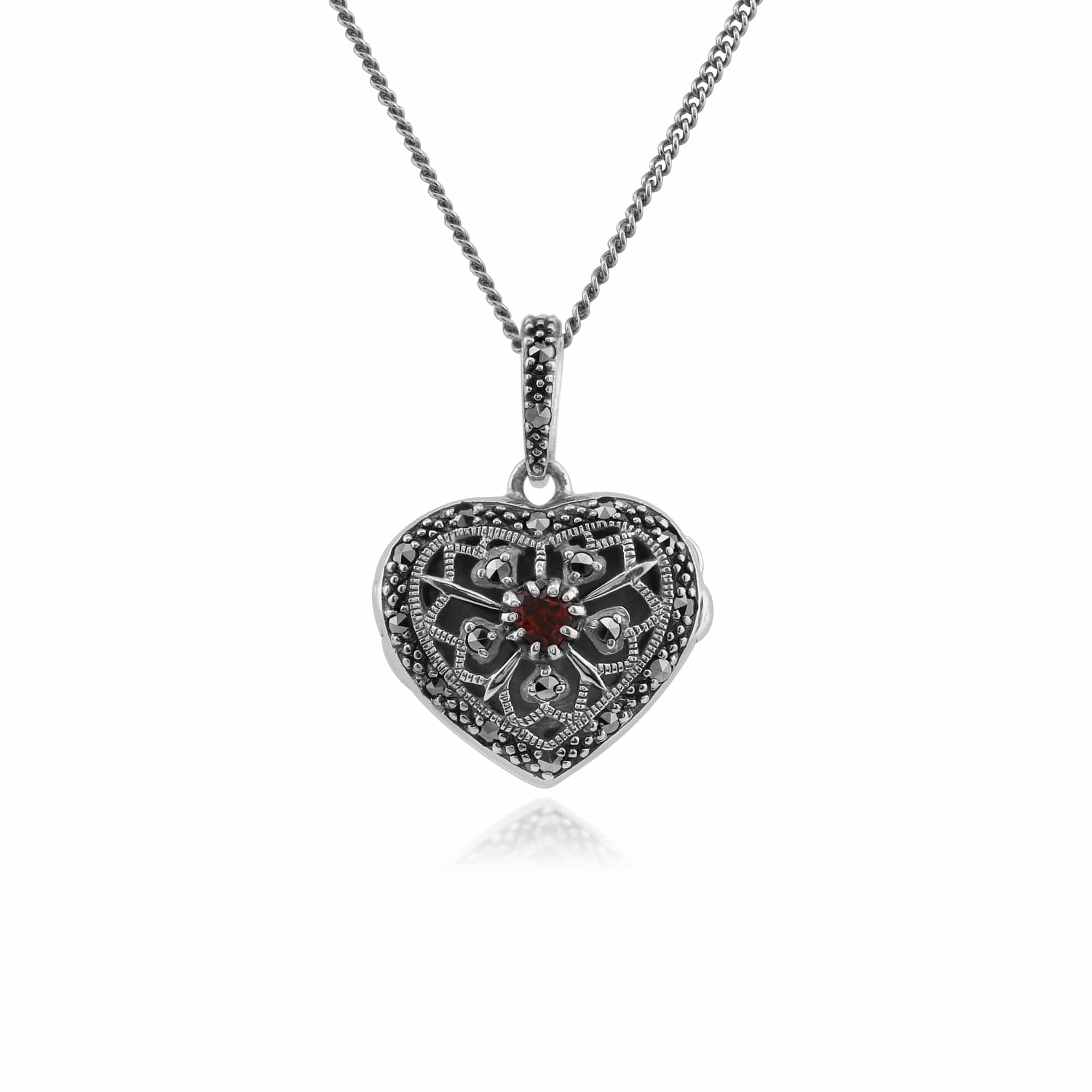 Gemondo Silver Art Nouveau Style Round Garnet & Marcasite Heart Necklace In 925 Sterling