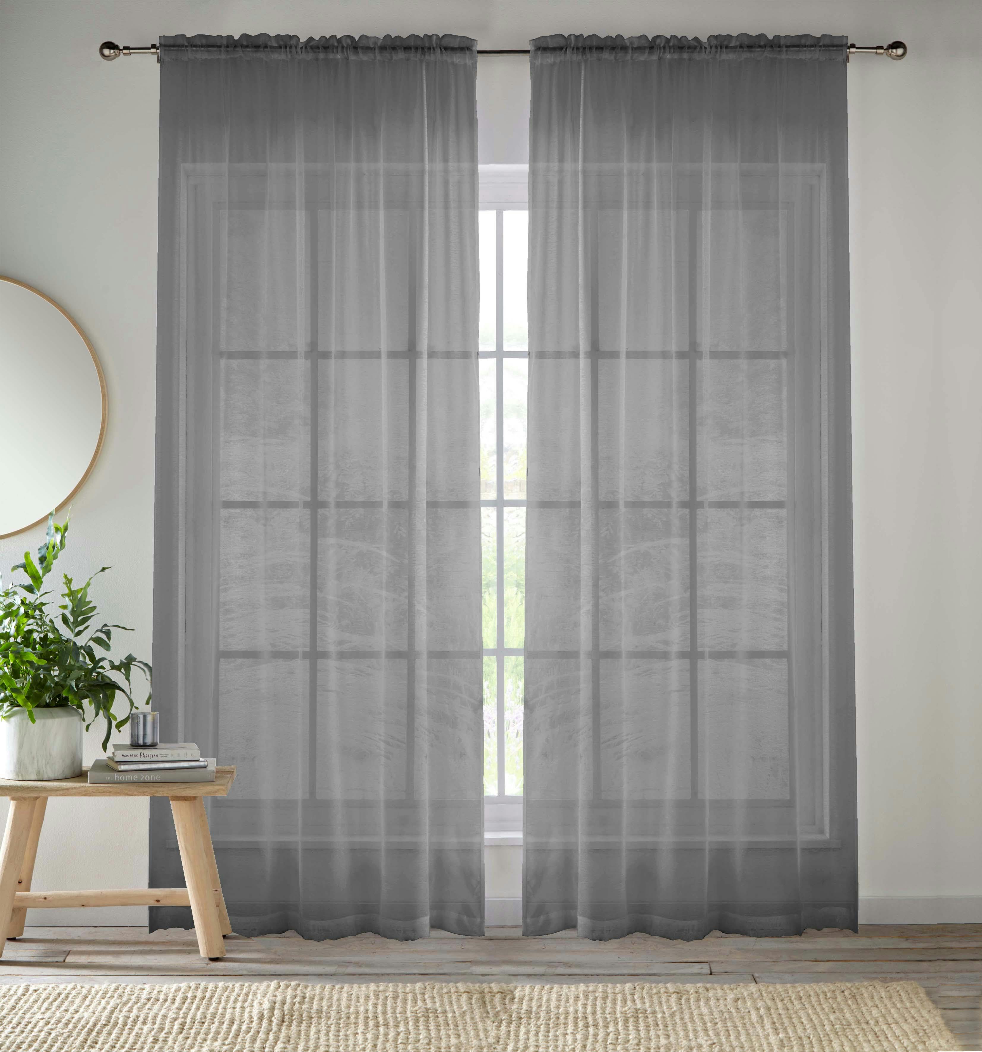 Rackhams Grey Crystal Plain Sheer Voile Panel Curtains Panel - Pair With Rod Pocket Header - 57" (145Cm) Width X 72" (183Cm) Drop