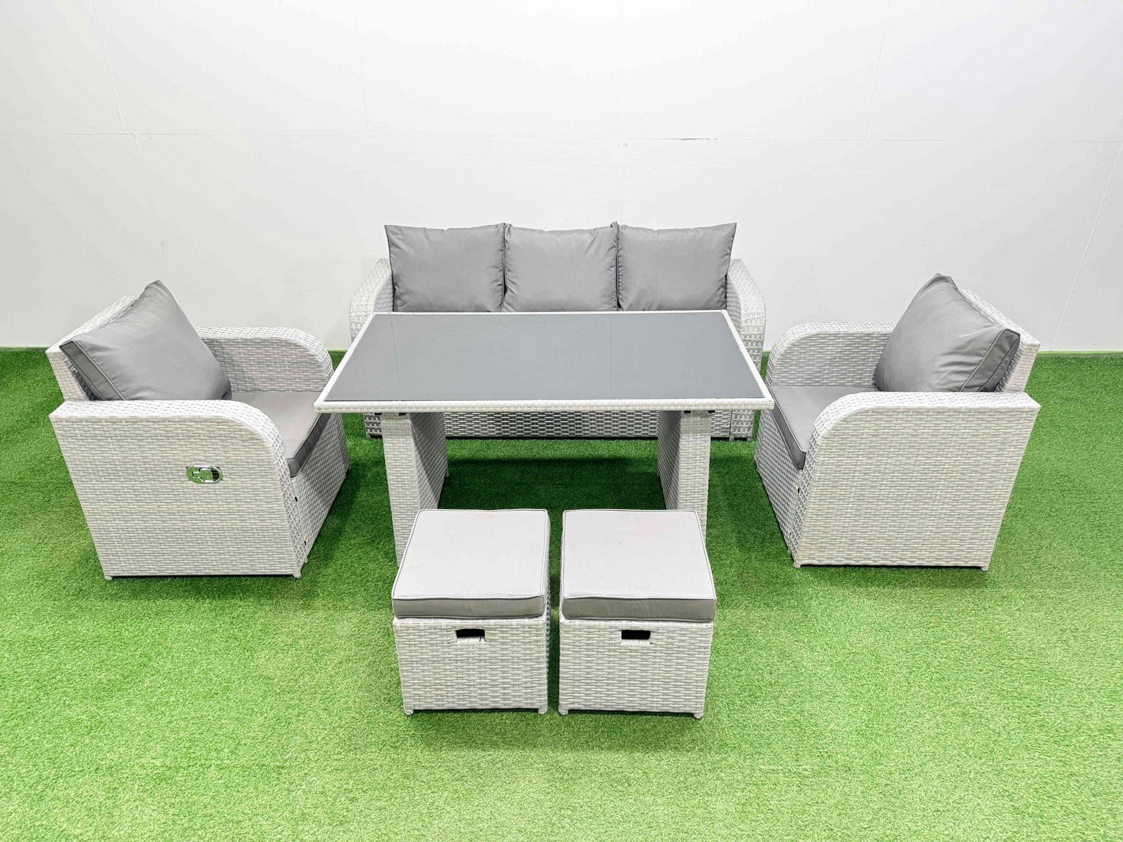 Rackhams Outdoor Rattan Garden Furniture Dining Set 7 Seater Patio Rectangular Table 3 Seater Sofa Reclining Chair Set With 2 Small Stools
