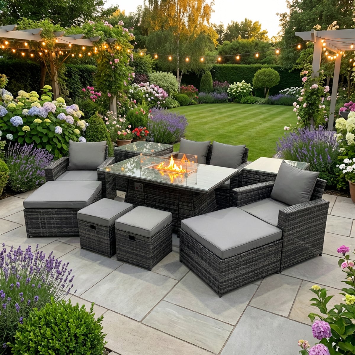 Fimous Dark/Grey 8 Seat Rattan Outdoor Furniture Set With Gas Fire Pit Dining Table, 4 Footstools, 2 Chairs & 2 Side Tables