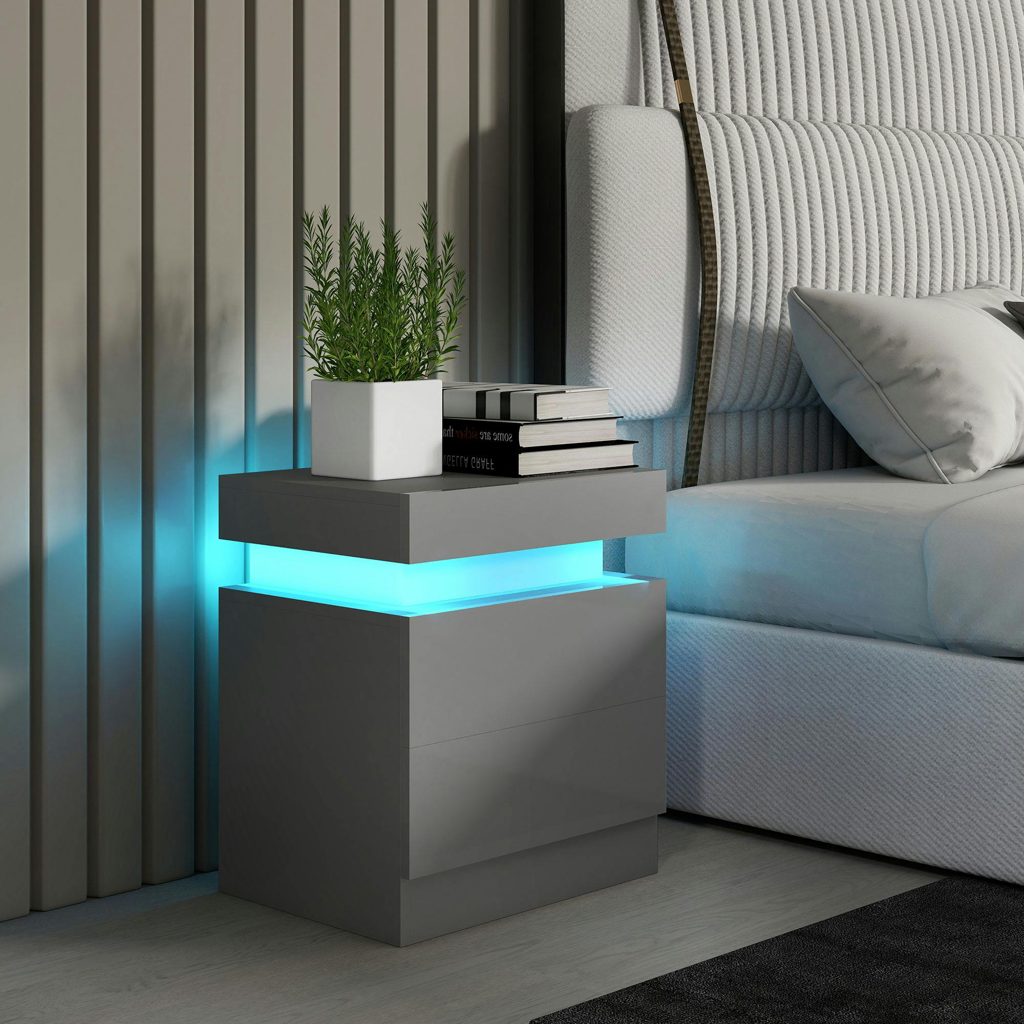 Homcom Light/Grey High Gloss Bedside Table With Led And 2 Drawers,