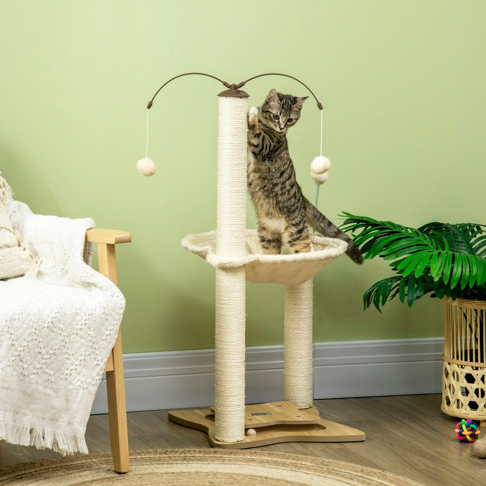 Pawhut Beige Cat Tree For Indoor Cats W/ Scratching Posts Hammock, Toy Ball