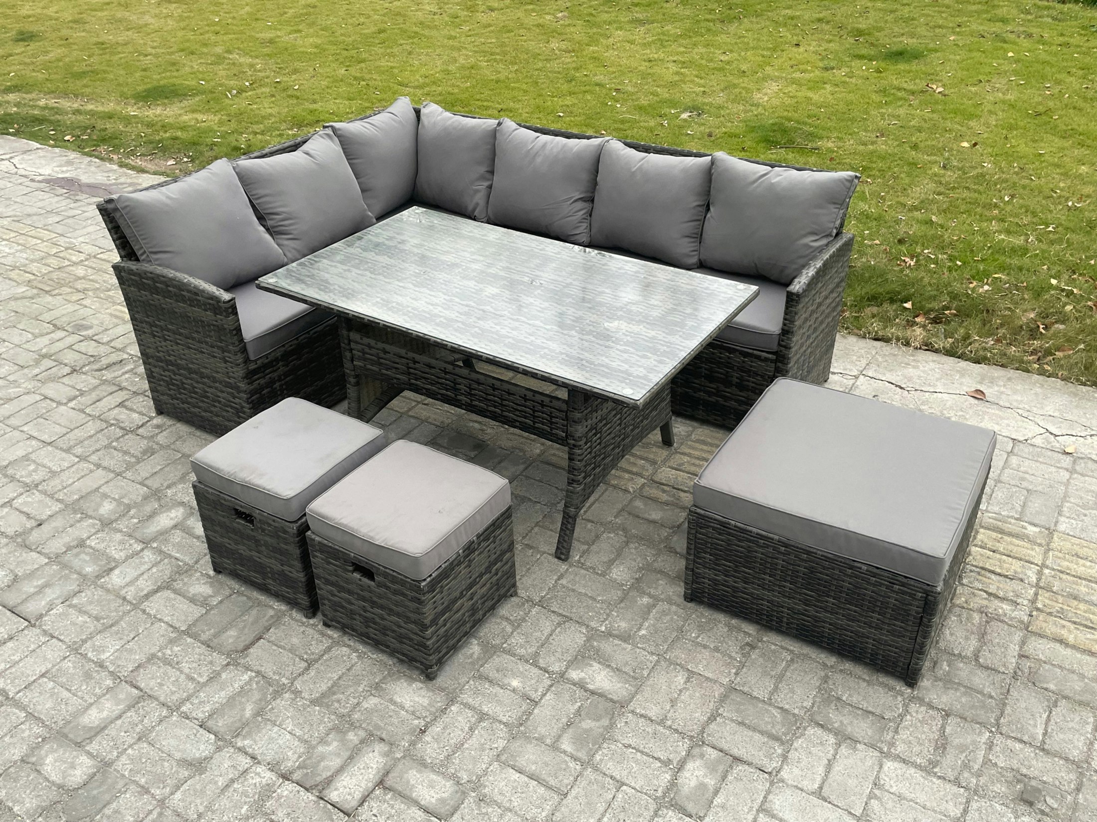 Rackhams Dark/Grey 9 Seater Outdoor Rattan Garden Furniture Set With Rectangular Dining Table 3 Footstools Patio Wicker Corner Sofa Set Mixed