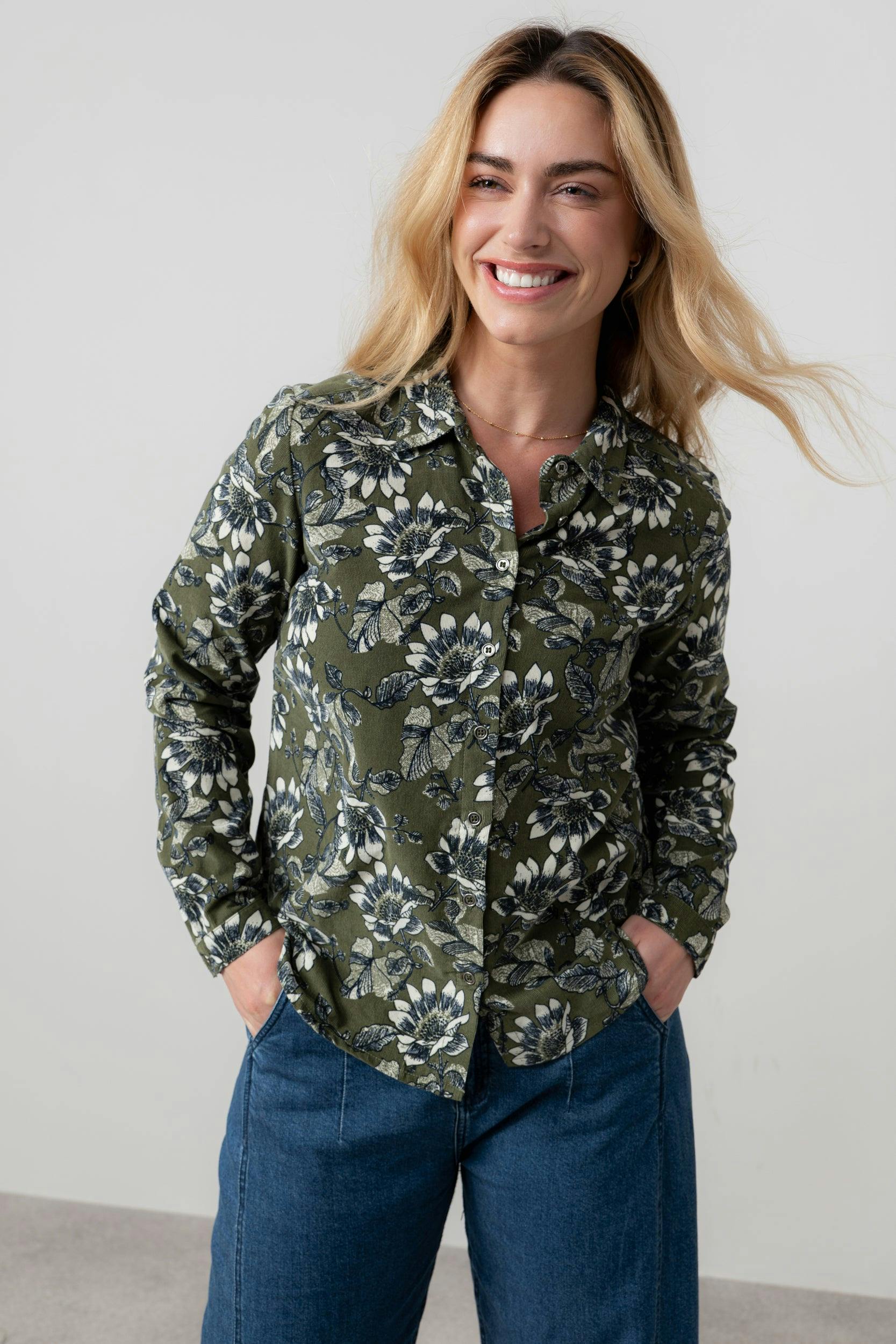 Lily & Me Patsy Cotton Pincord Floral Shirt Moss - Moss - 18