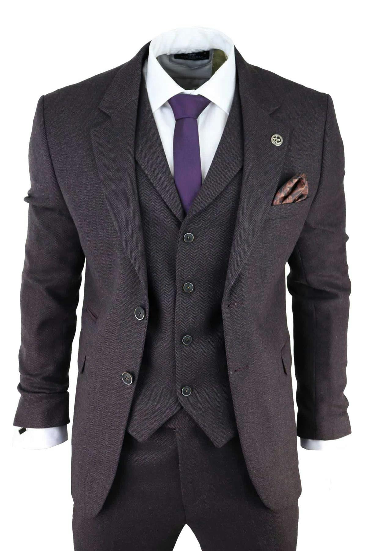 Truclothing Men's Purple Plum 3 Piece Tweed Herringbone Suit Peaky Blinders Classic Tailored - Plum - 38" Jacket 32" Trousers
