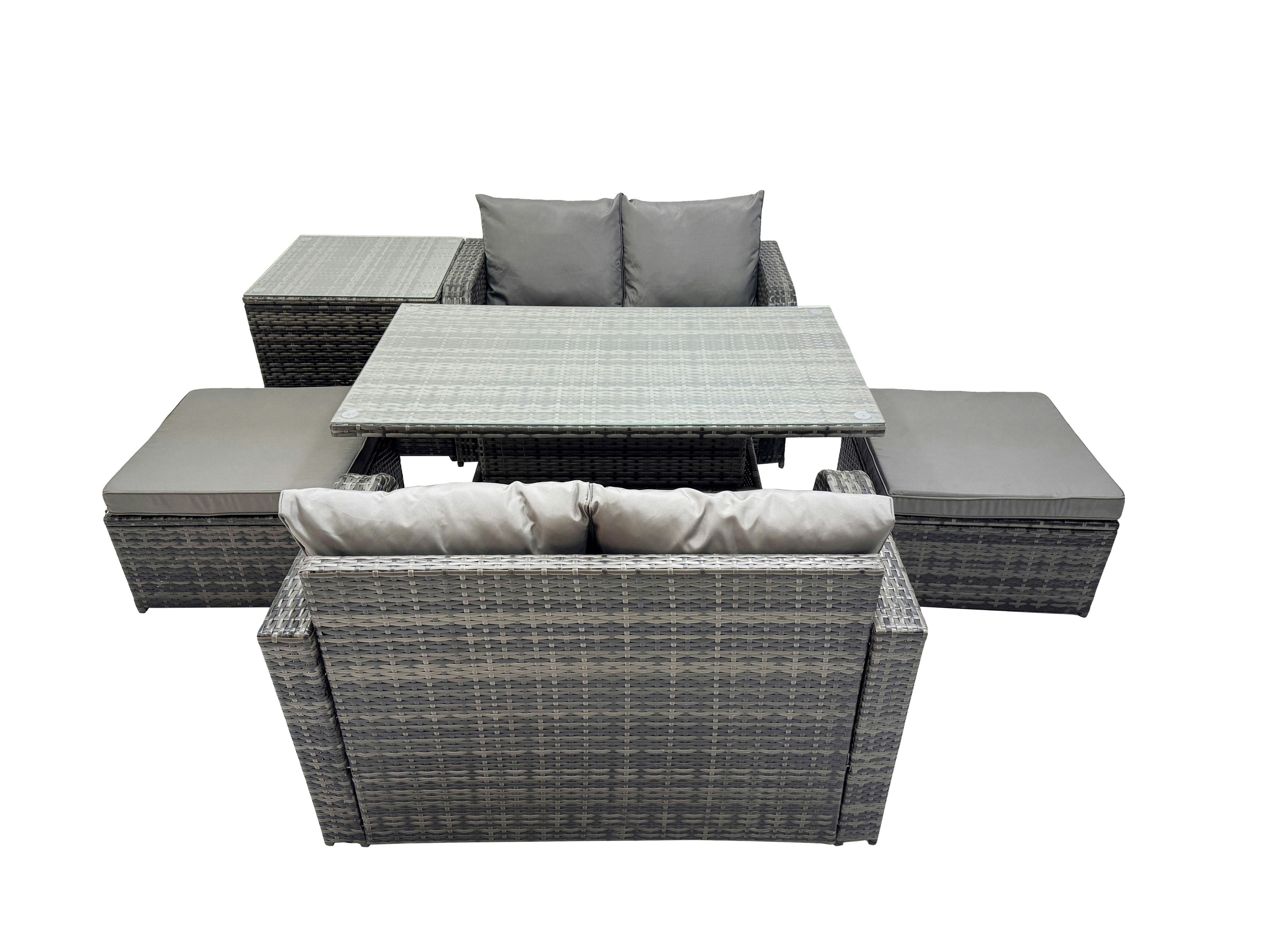 Rackhams Dark/Grey 6 Seater Patio Height Adjustable Rising Lifting Table Sofa Sets Rattan Garden Furniture Dining Set With 2 Big Stools Side Table Mixed